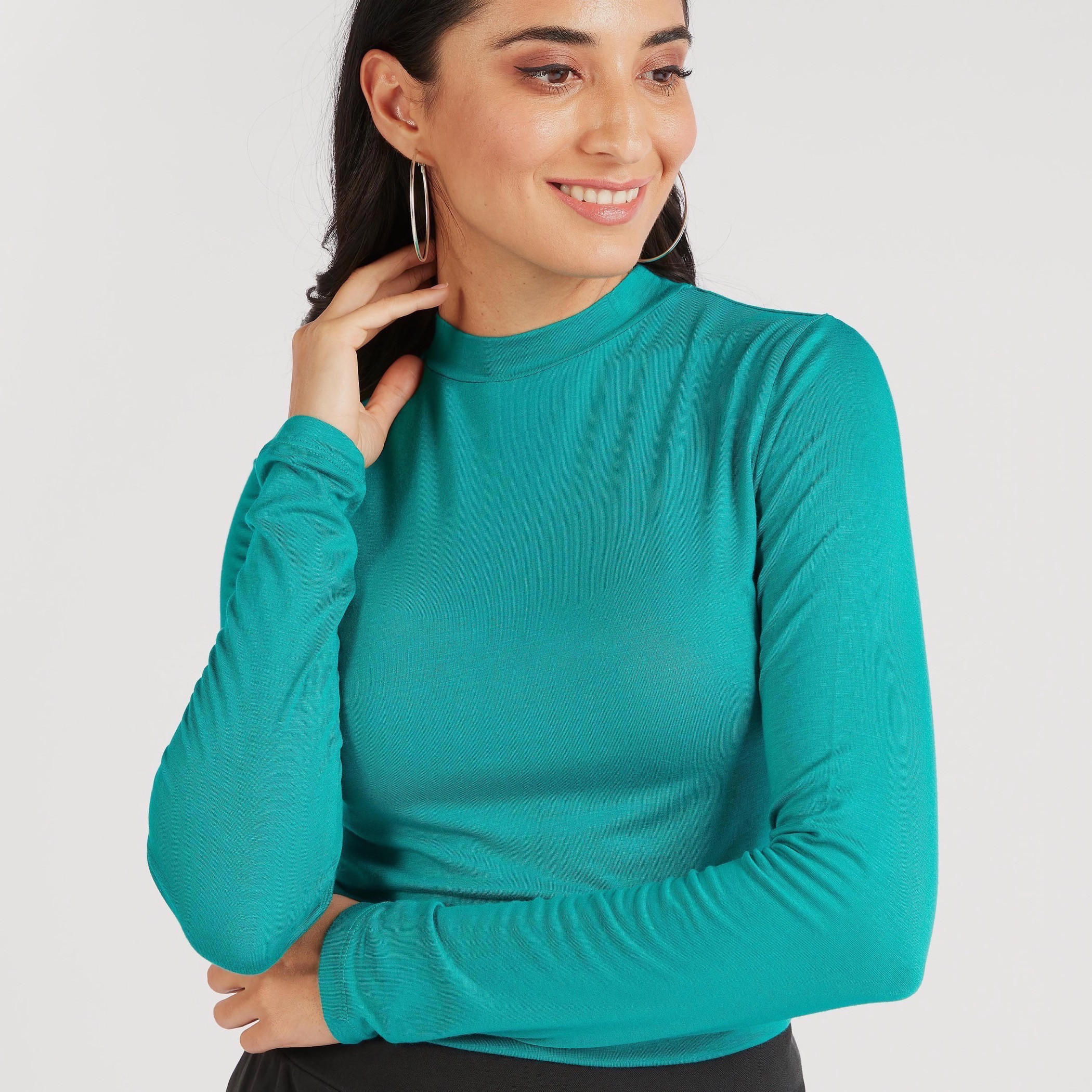 Solid High Neck T-shirt with Long Sleeves-women-clothing-tshirts-image-3