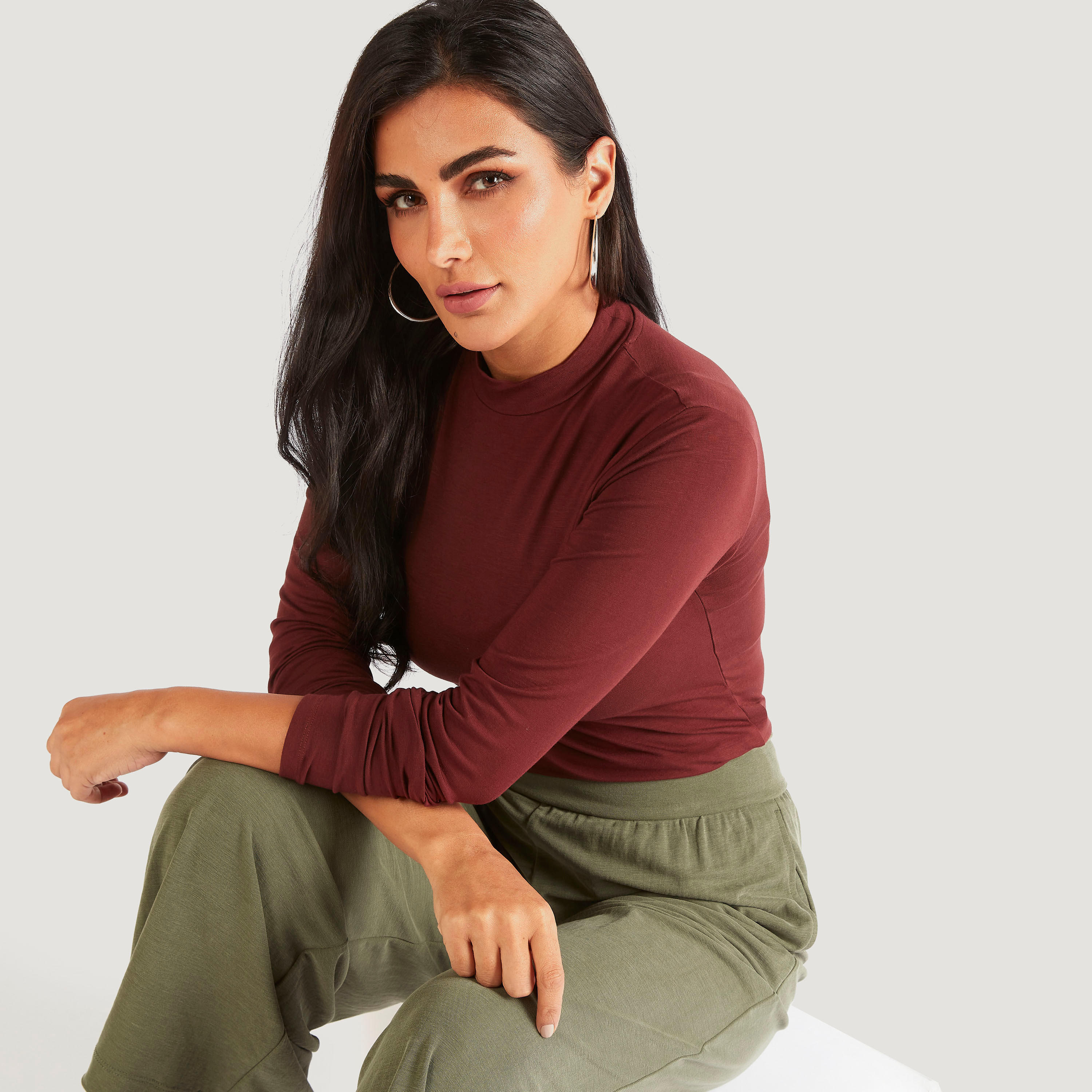 Solid High Neck T-shirt with Long Sleeves-women-clothing-tshirts-image-2