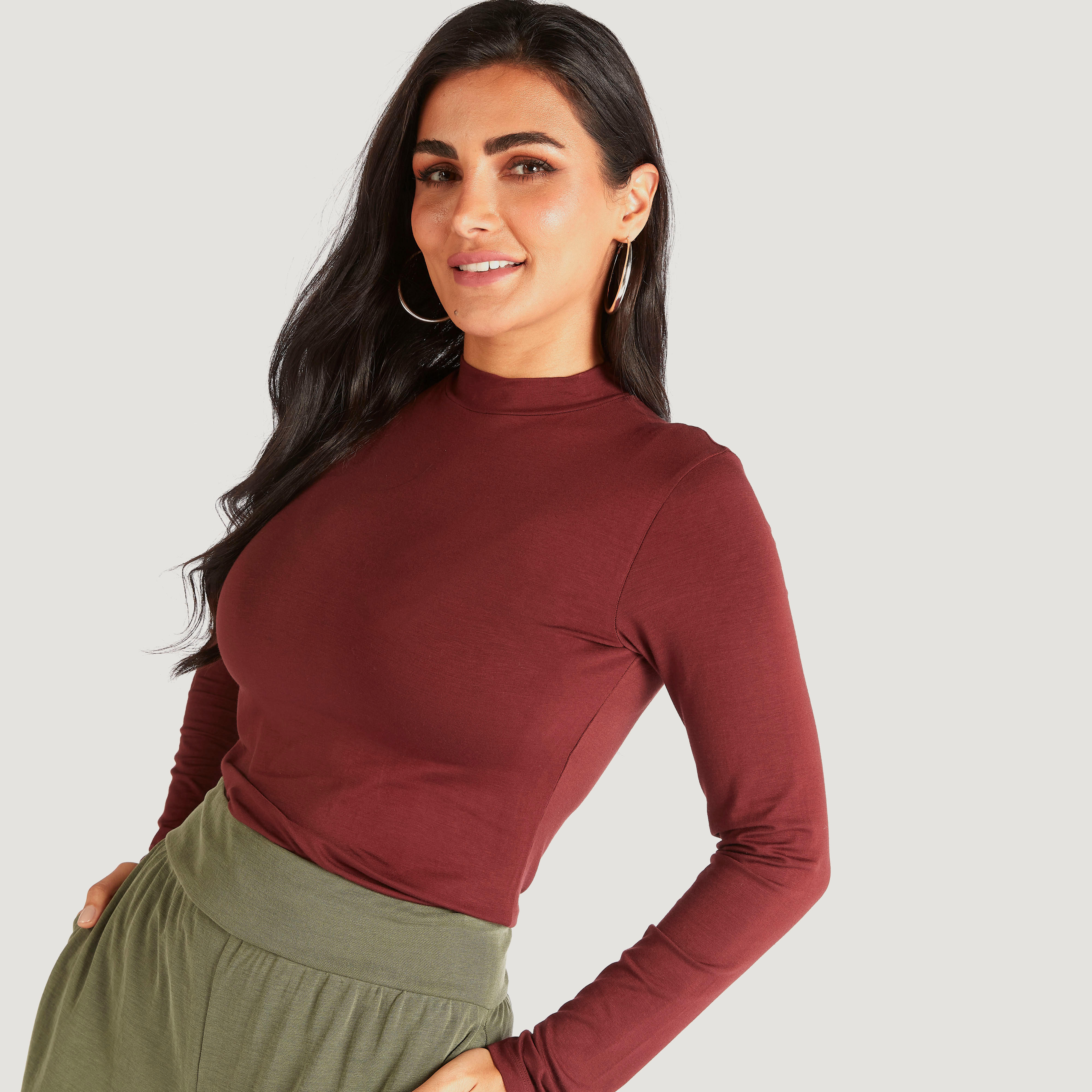 Solid High Neck T-shirt with Long Sleeves-women-clothing-tshirts-image-4