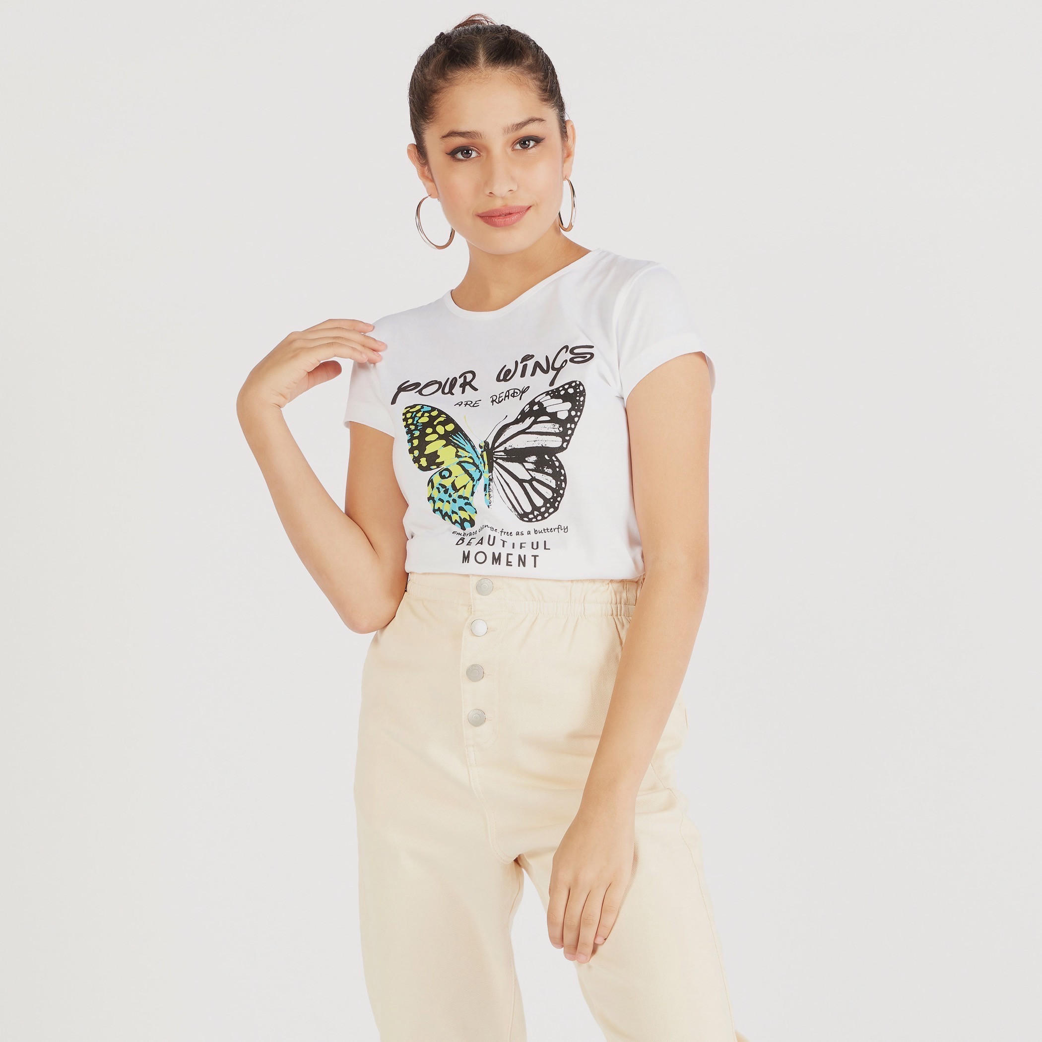 تيشيرت بياقة ضيّقة وأكمام كاب وطَبعات-women-clothing-tshirts-image-1