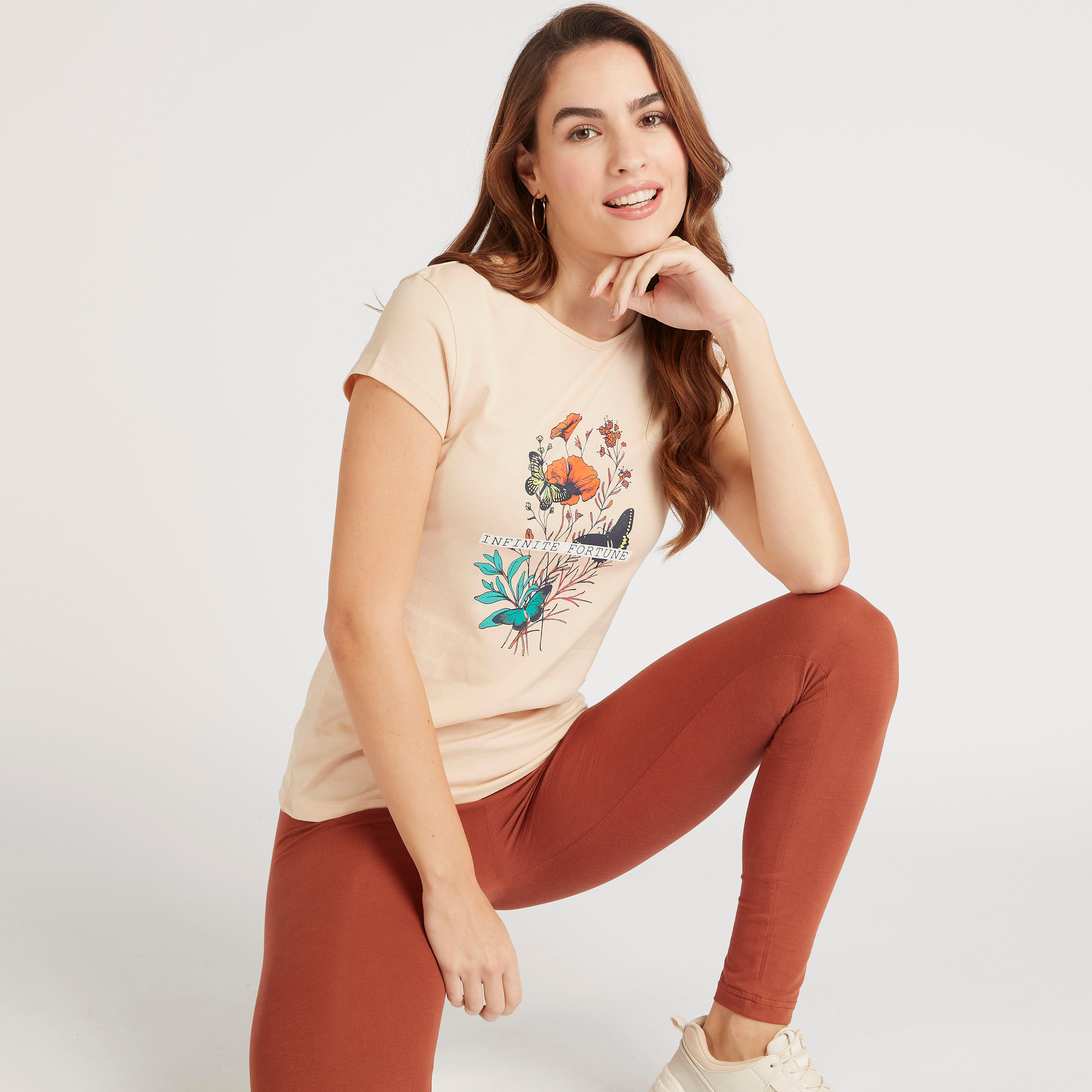 Floral Print Crew Neck T-shirt with Cap Sleeves-women-clothing-tshirts-image-1