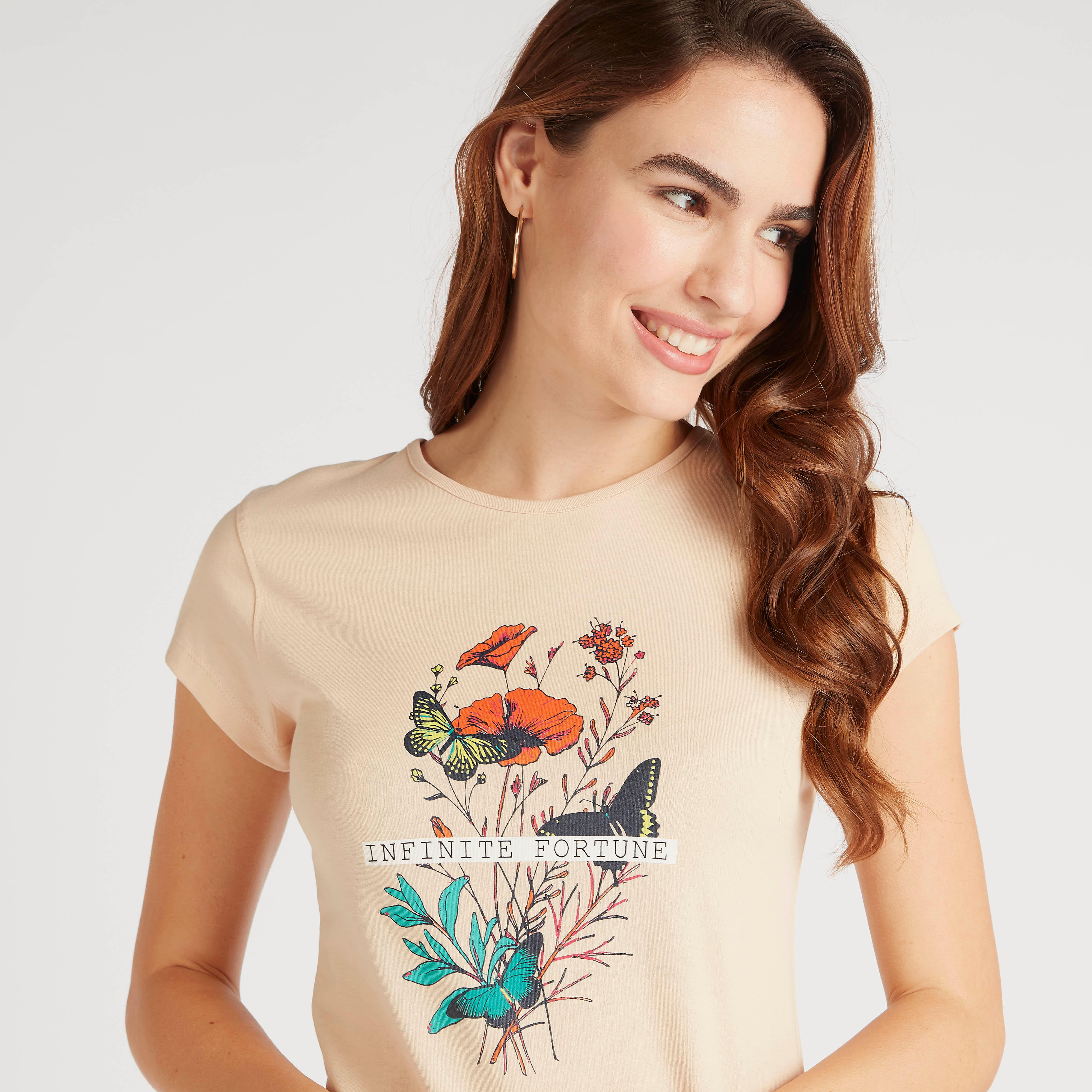 Floral Print Crew Neck T-shirt with Cap Sleeves-women-clothing-tshirts-image-3