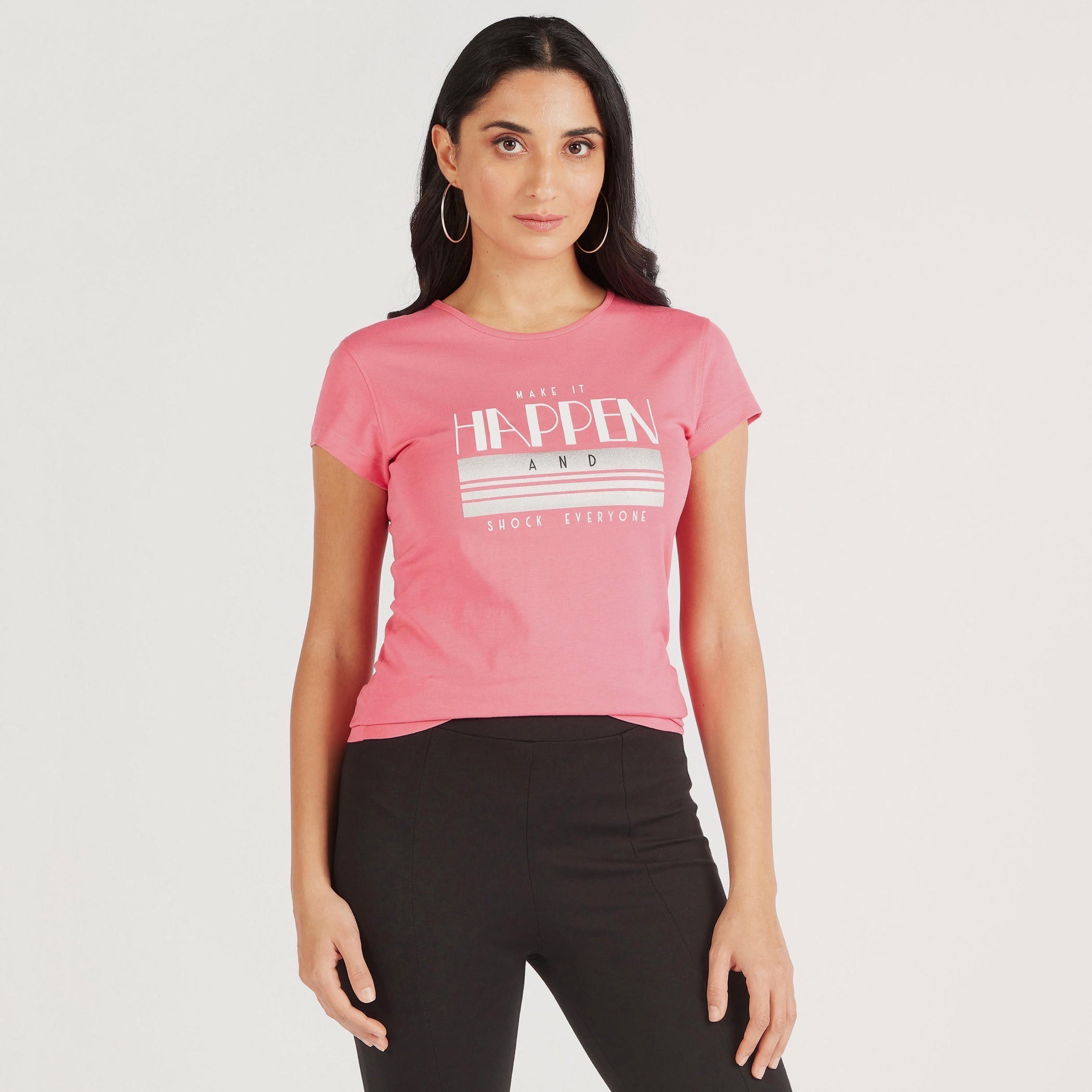 Slogan Print Round Neck T-shirt with Cap Sleeves-women-clothing-tshirts-image-1