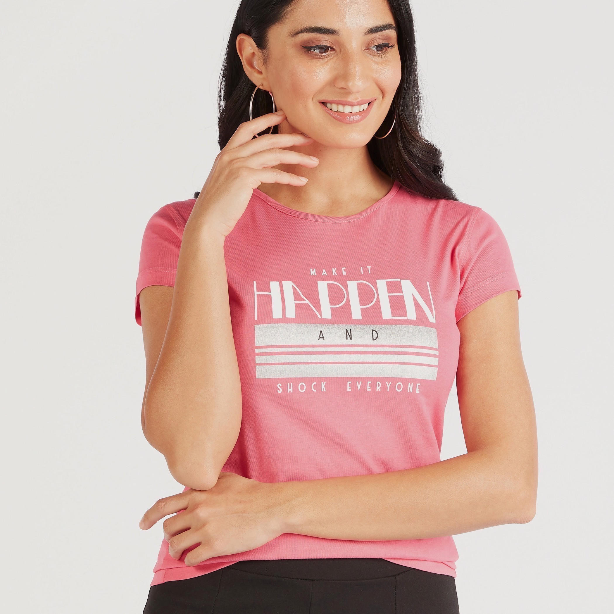 Slogan Print Round Neck T-shirt with Cap Sleeves-women-clothing-tshirts-image-3