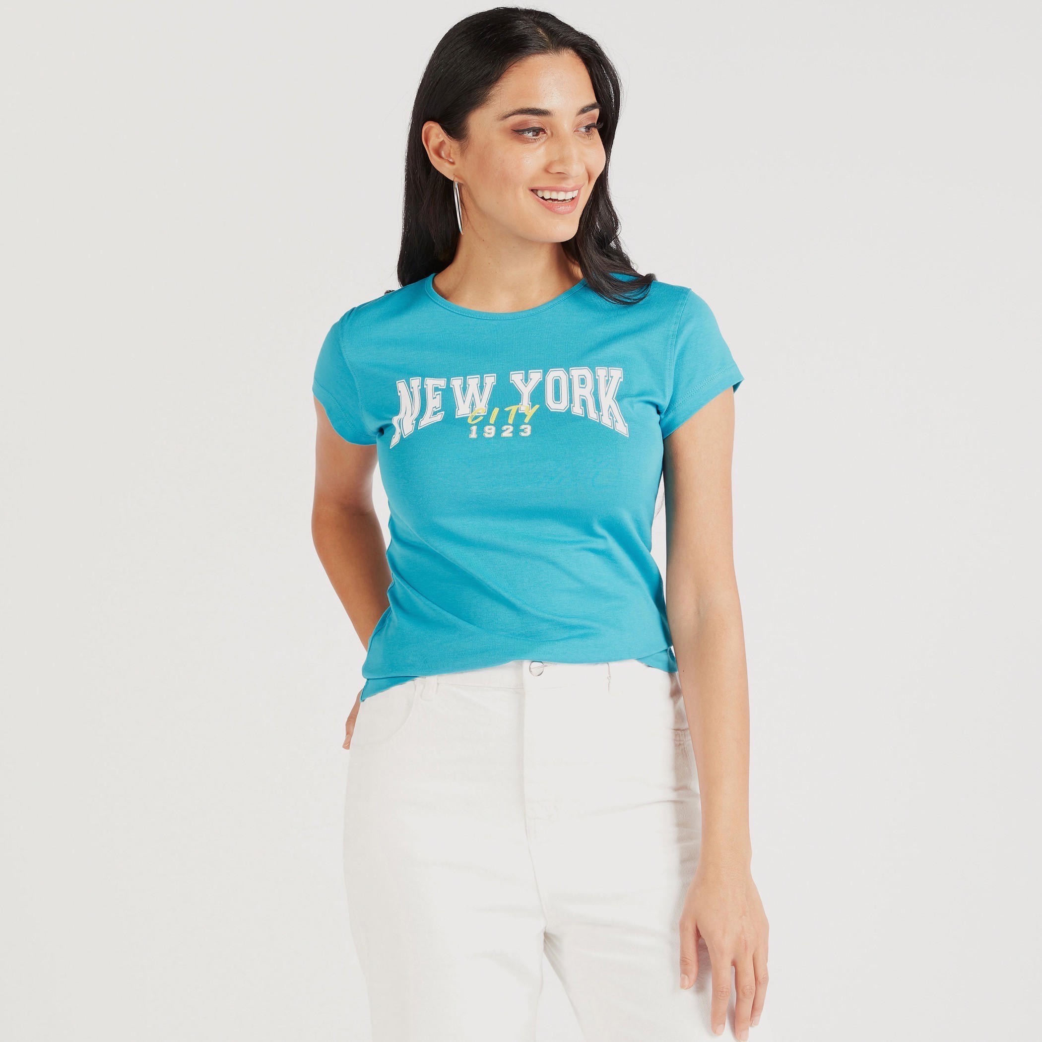 Printed Crew Neck T-shirt with Cap Sleeves-women-clothing-tshirts-image-1