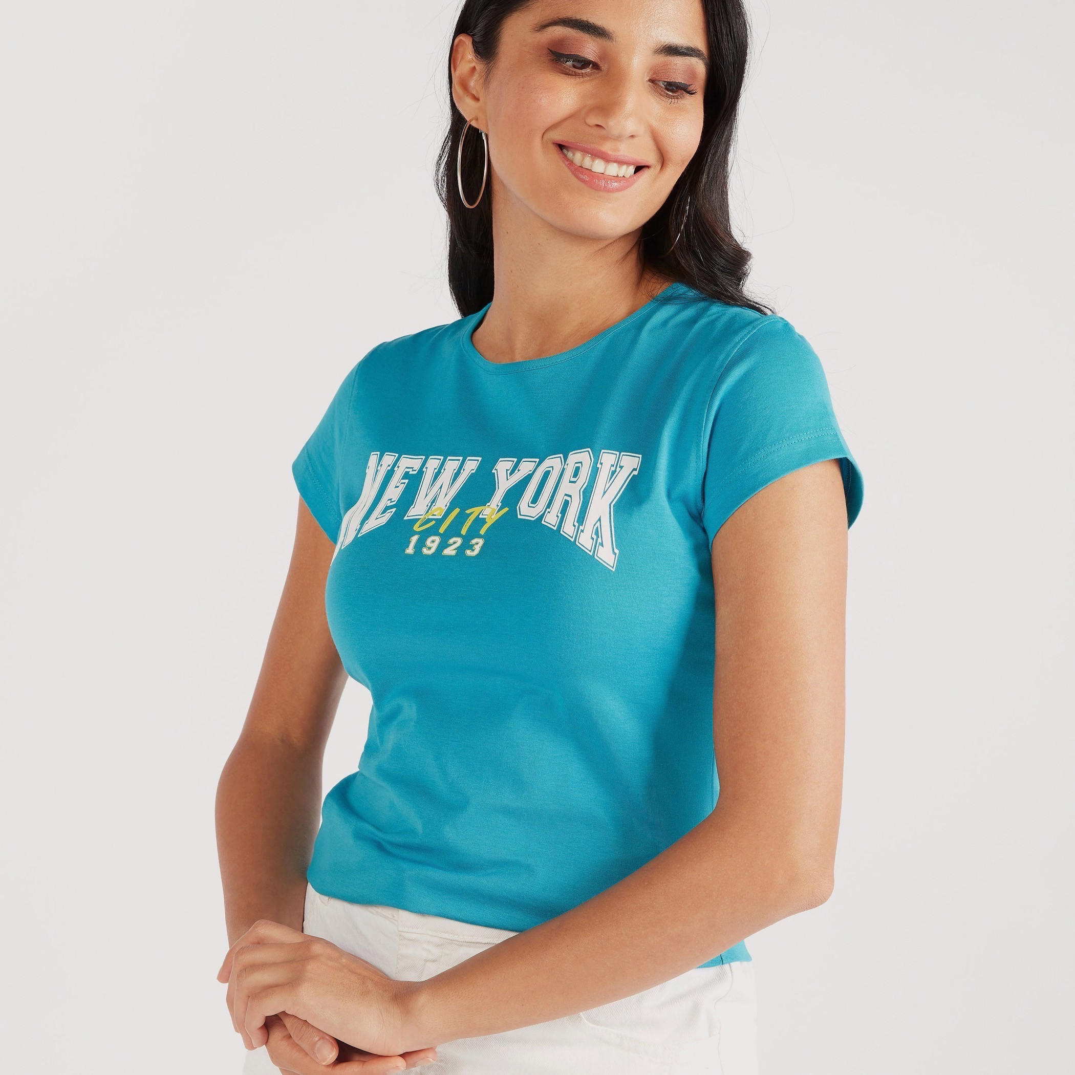 Printed Crew Neck T-shirt with Cap Sleeves-women-clothing-tshirts-image-3