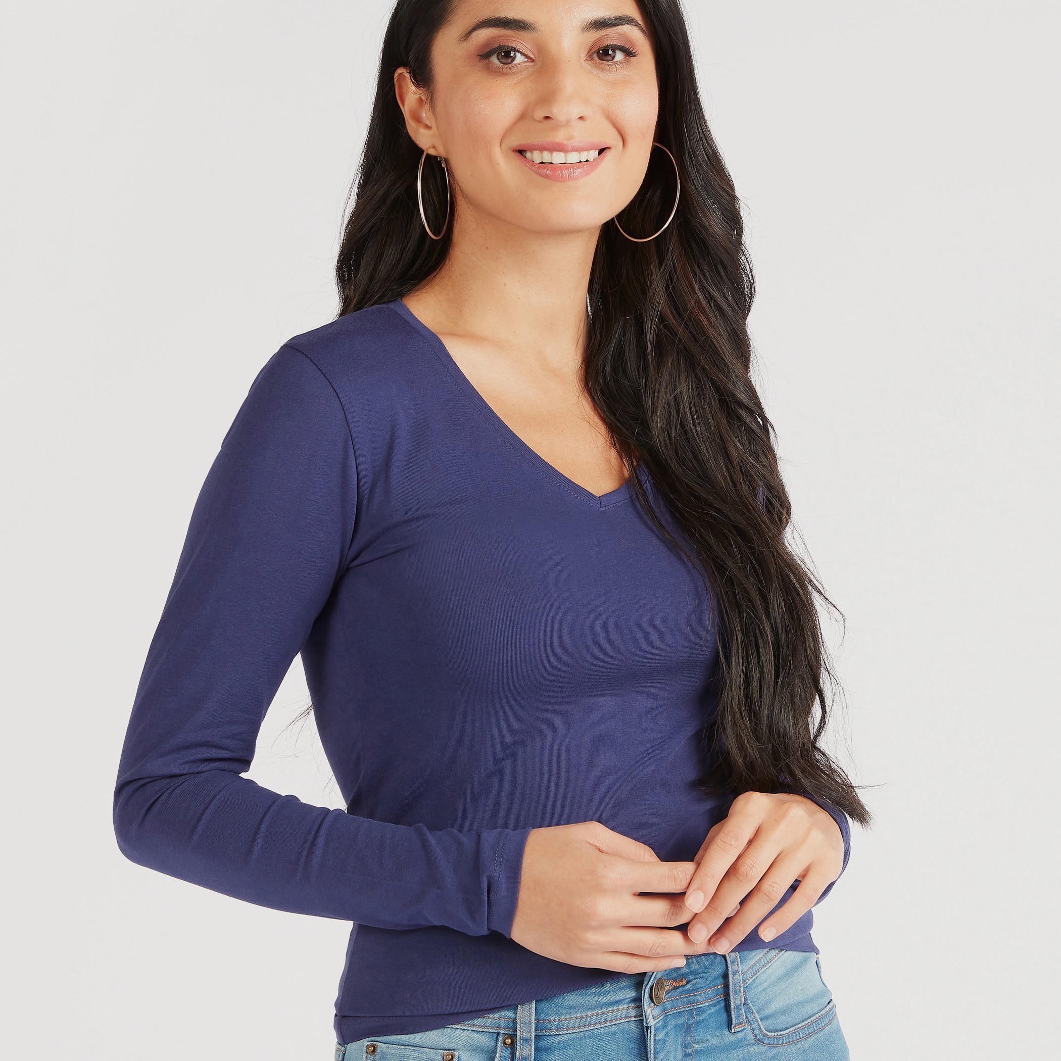 تيشيرت سادة بياقة V وأكمام طويلة-women-clothing-tshirts-image-2
