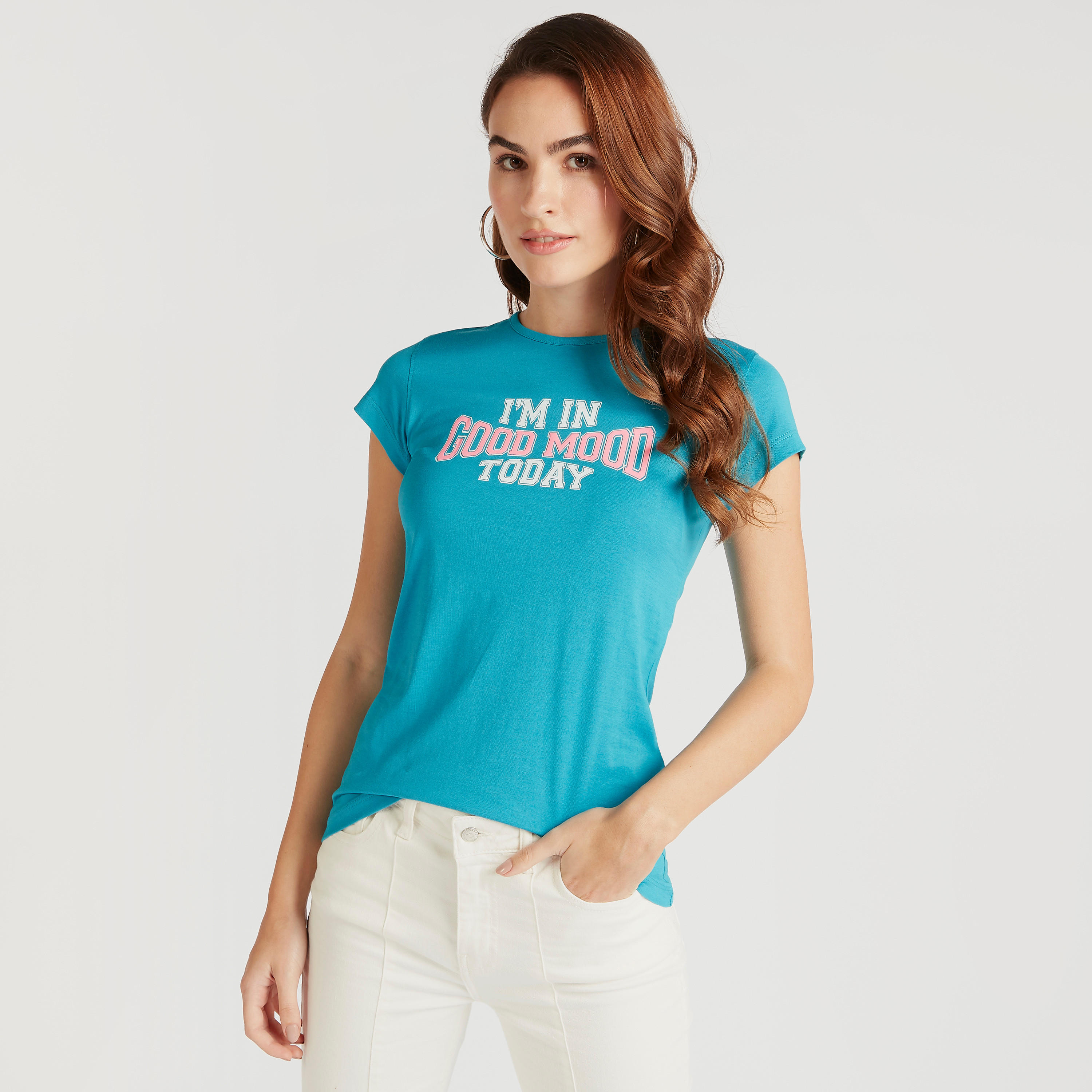 Slogan Print Crew Neck T-shirt with Cap Sleeves-women-clothing-tshirts-image-1