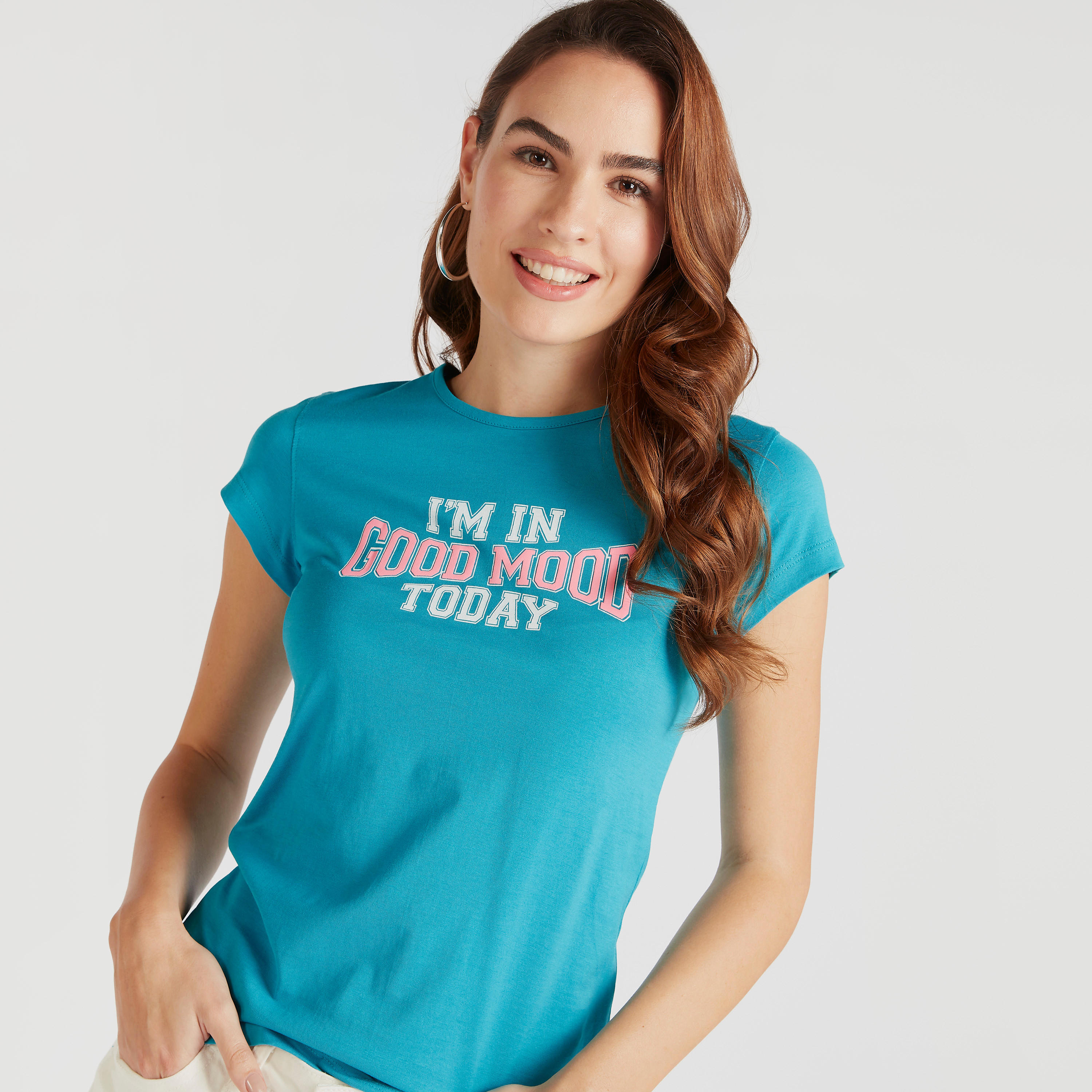 Slogan Print Crew Neck T-shirt with Cap Sleeves-women-clothing-tshirts-image-3