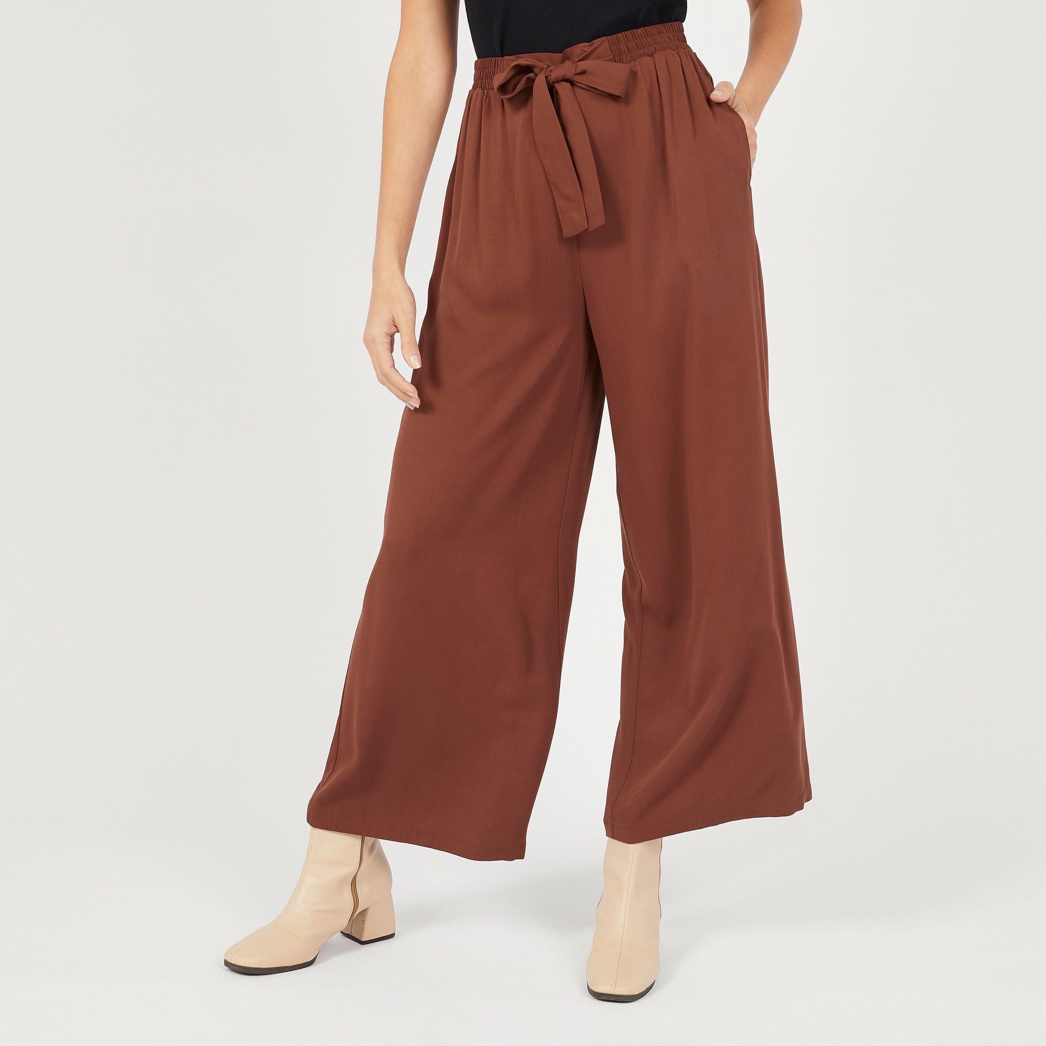 بنطلون بالازو بخصر مطاطي ورباط وجيوب -women-clothing-bottoms-trousers-image-1