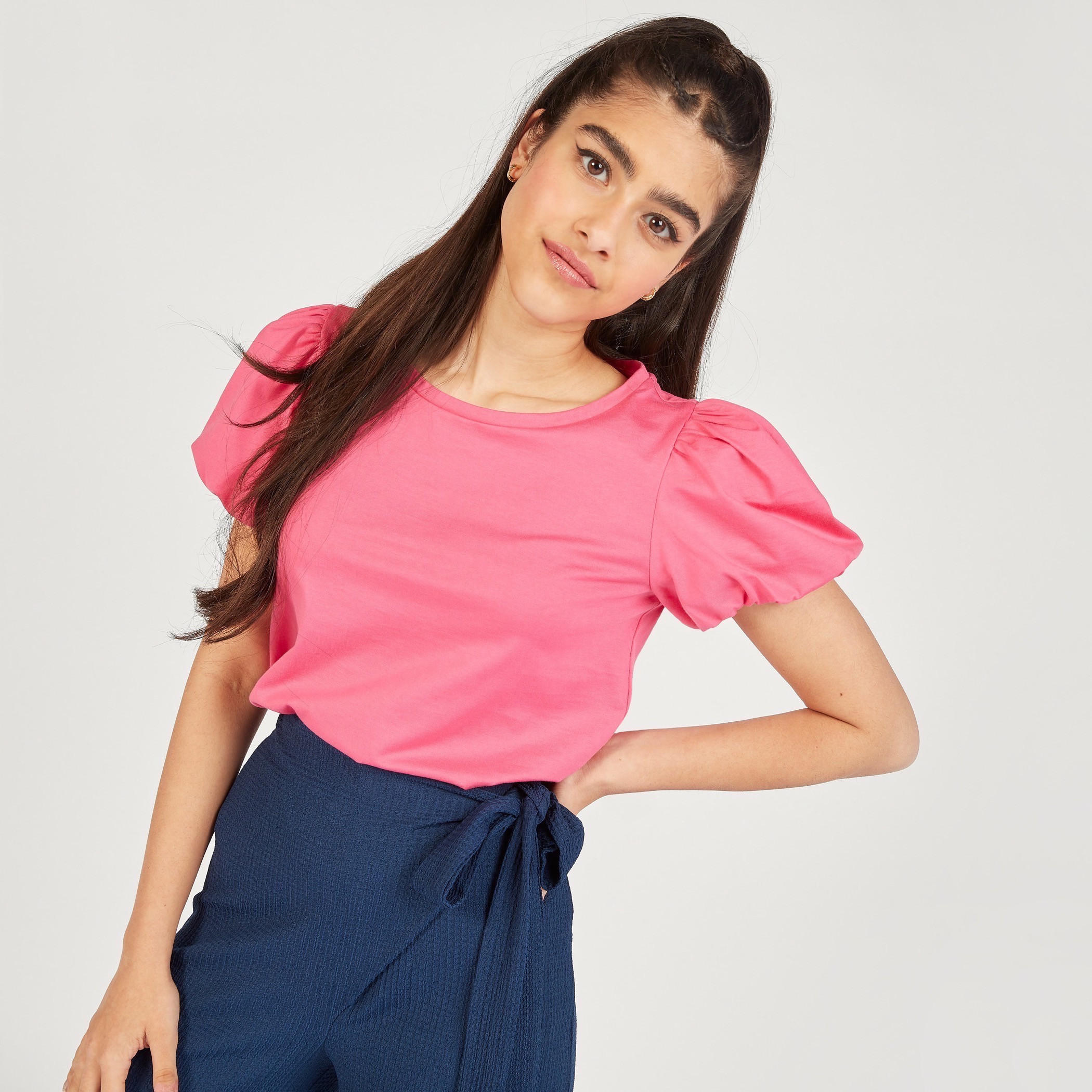 Solid Round Neck Top with Balloon Sleeves-women-clothing-shirtsandblouses-blouses-image-9