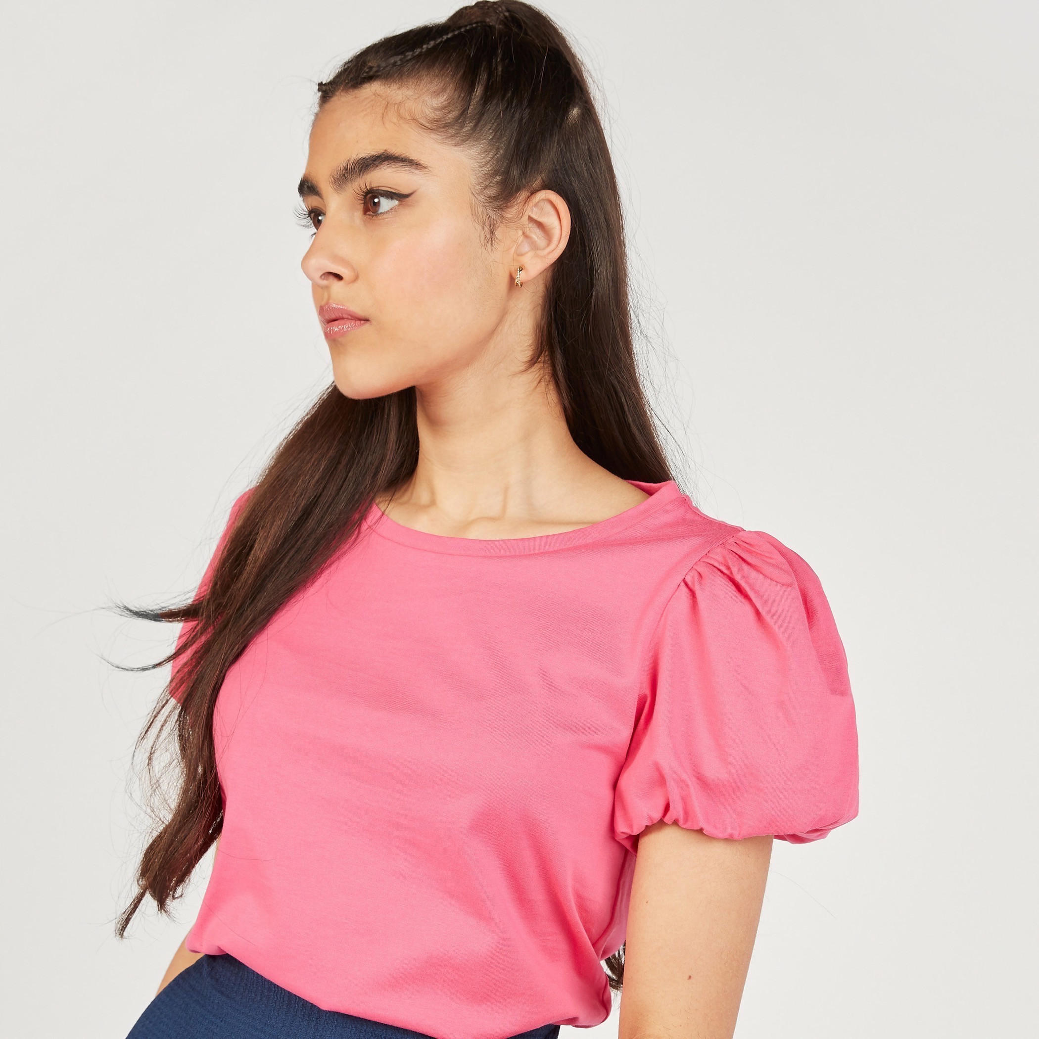 Solid Round Neck Top with Balloon Sleeves-women-clothing-shirtsandblouses-blouses-image-11