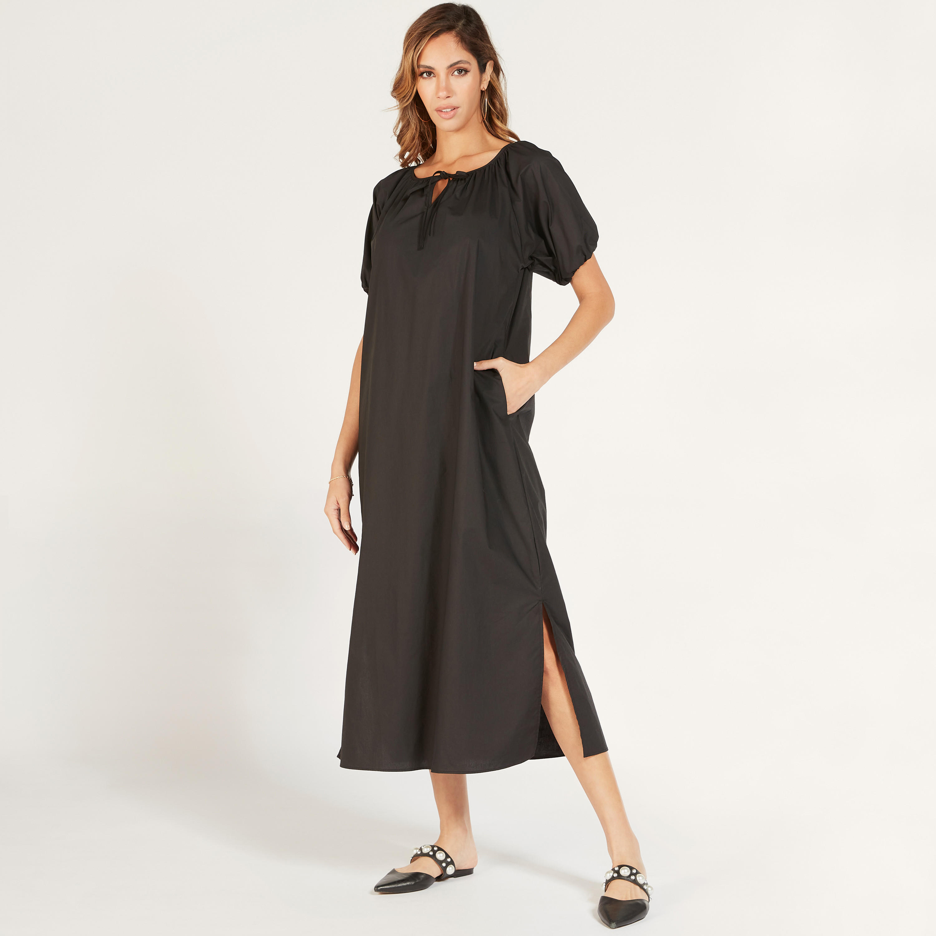 Solid Midi Dress with Slit Detail and Pockets-women-clothing-dresses-image-12