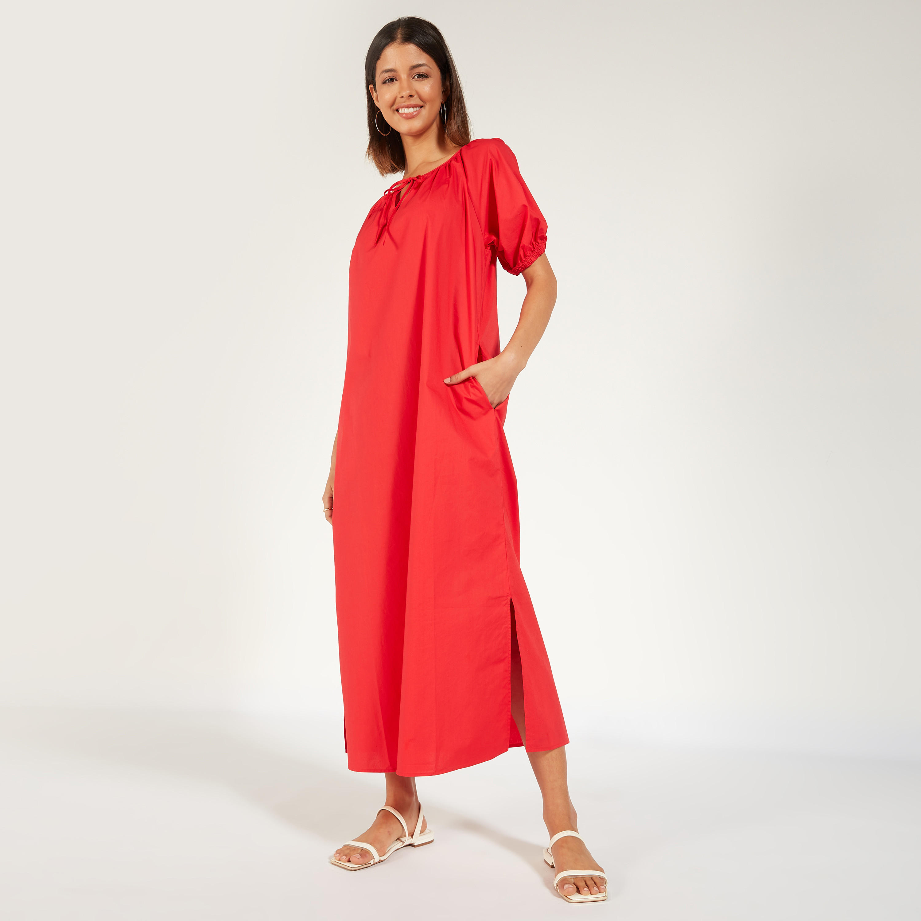 Solid Midi Dress with Slit Detail and Pockets-women-clothing-dresses-image-6