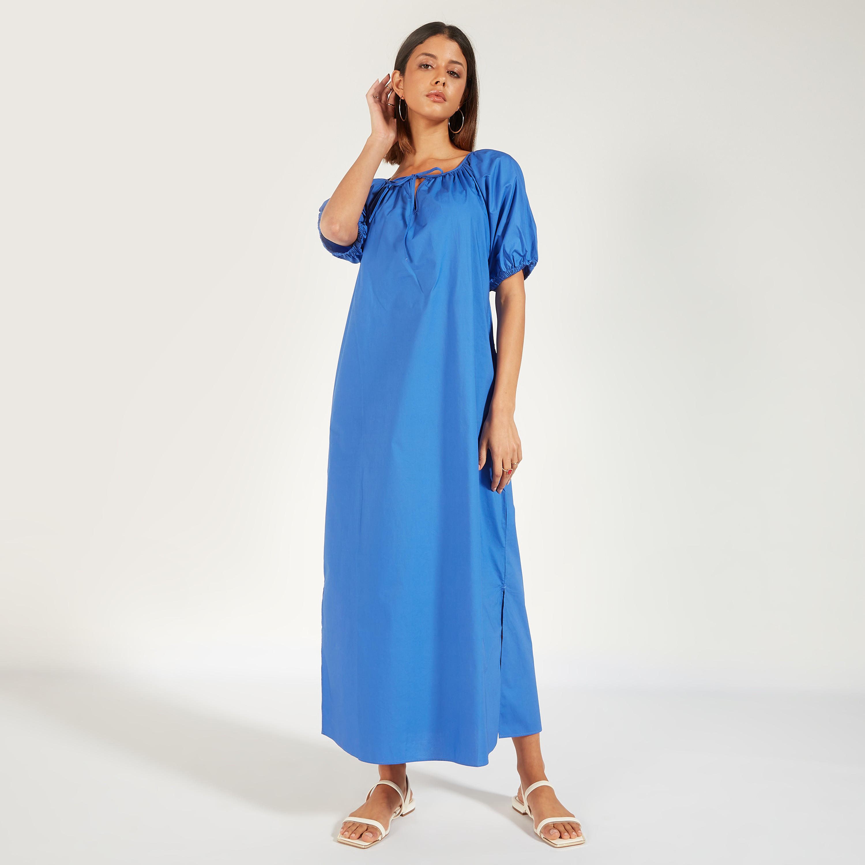 Solid Midi Dress with Slit Detail and Pockets-women-clothing-dresses-image-1