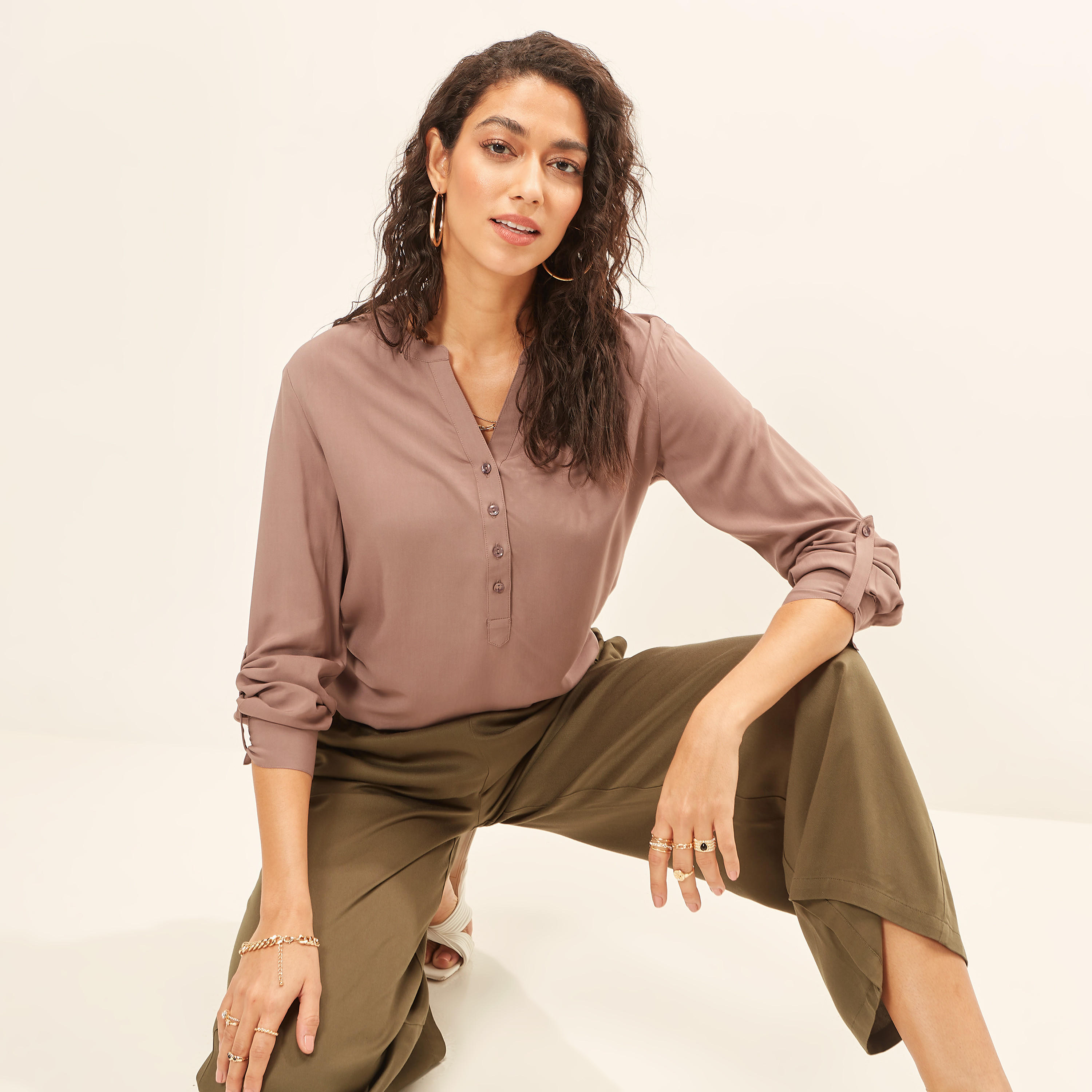 Solid Top with Mandarin Collar and Long Sleeves-women-clothing-shirtsandblouses-blouses-image-1