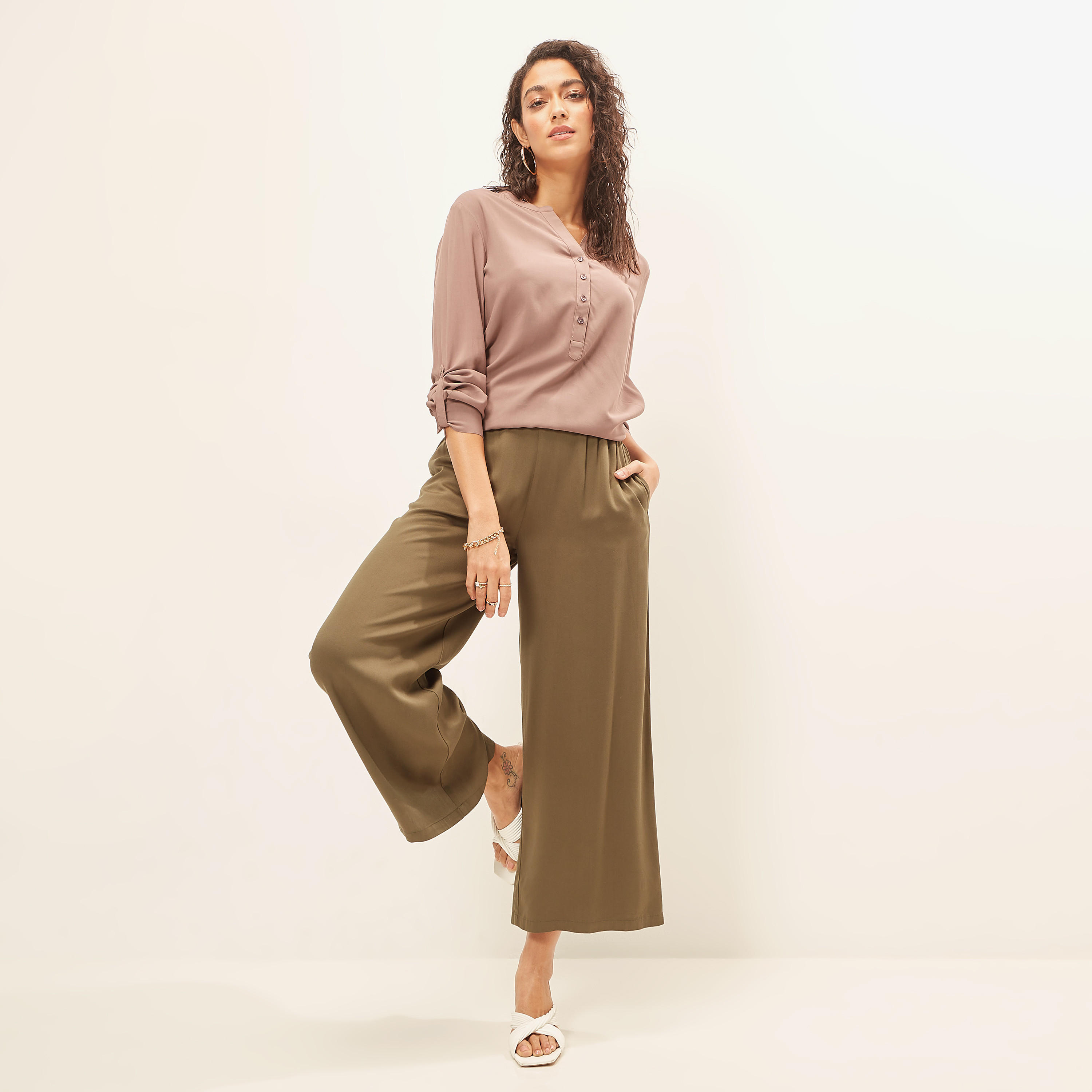 Solid Top with Mandarin Collar and Long Sleeves-women-clothing-shirtsandblouses-blouses-image-2