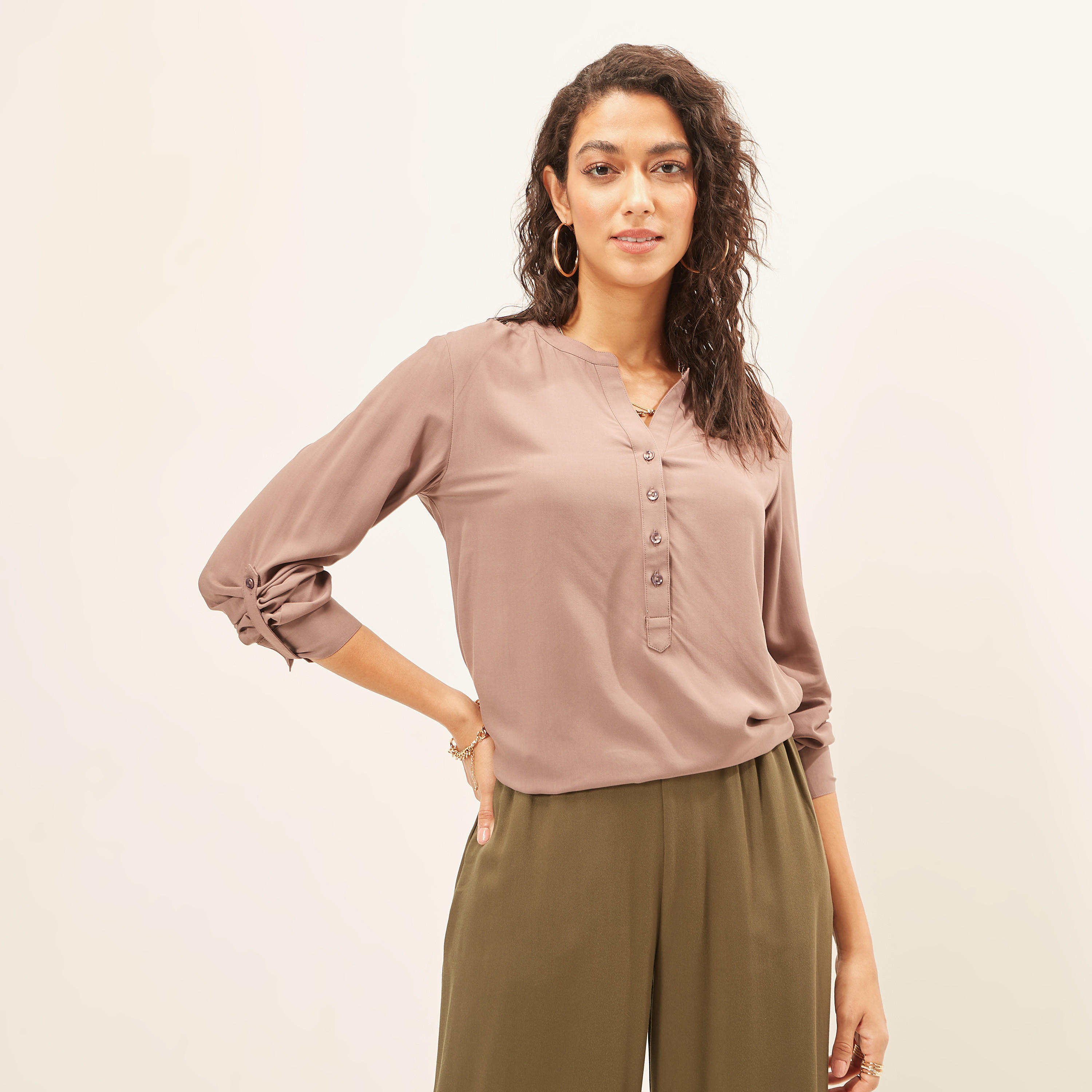 Solid Top with Mandarin Collar and Long Sleeves-women-clothing-shirtsandblouses-blouses-image-3