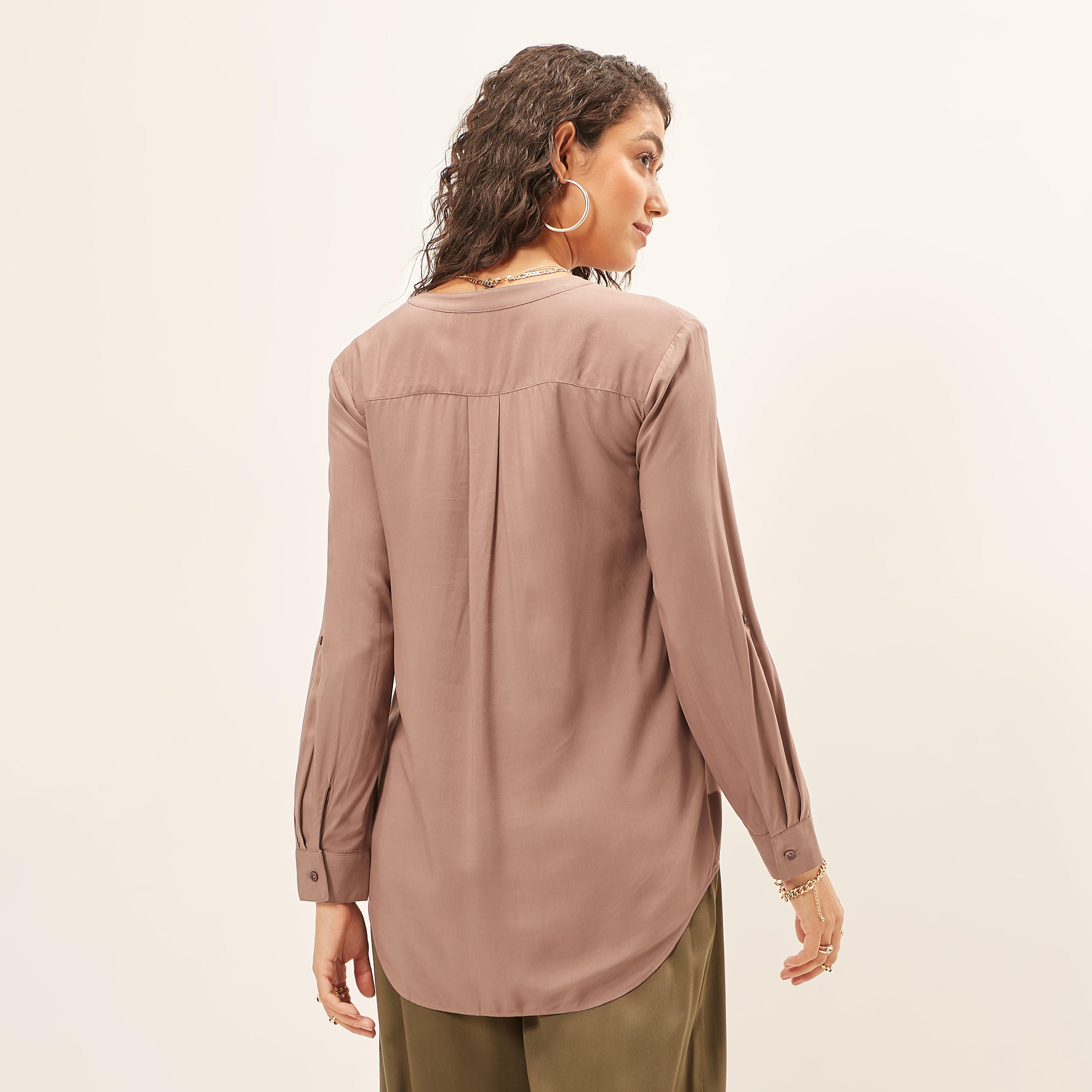 Solid Top with Mandarin Collar and Long Sleeves-women-clothing-shirtsandblouses-blouses-image-4