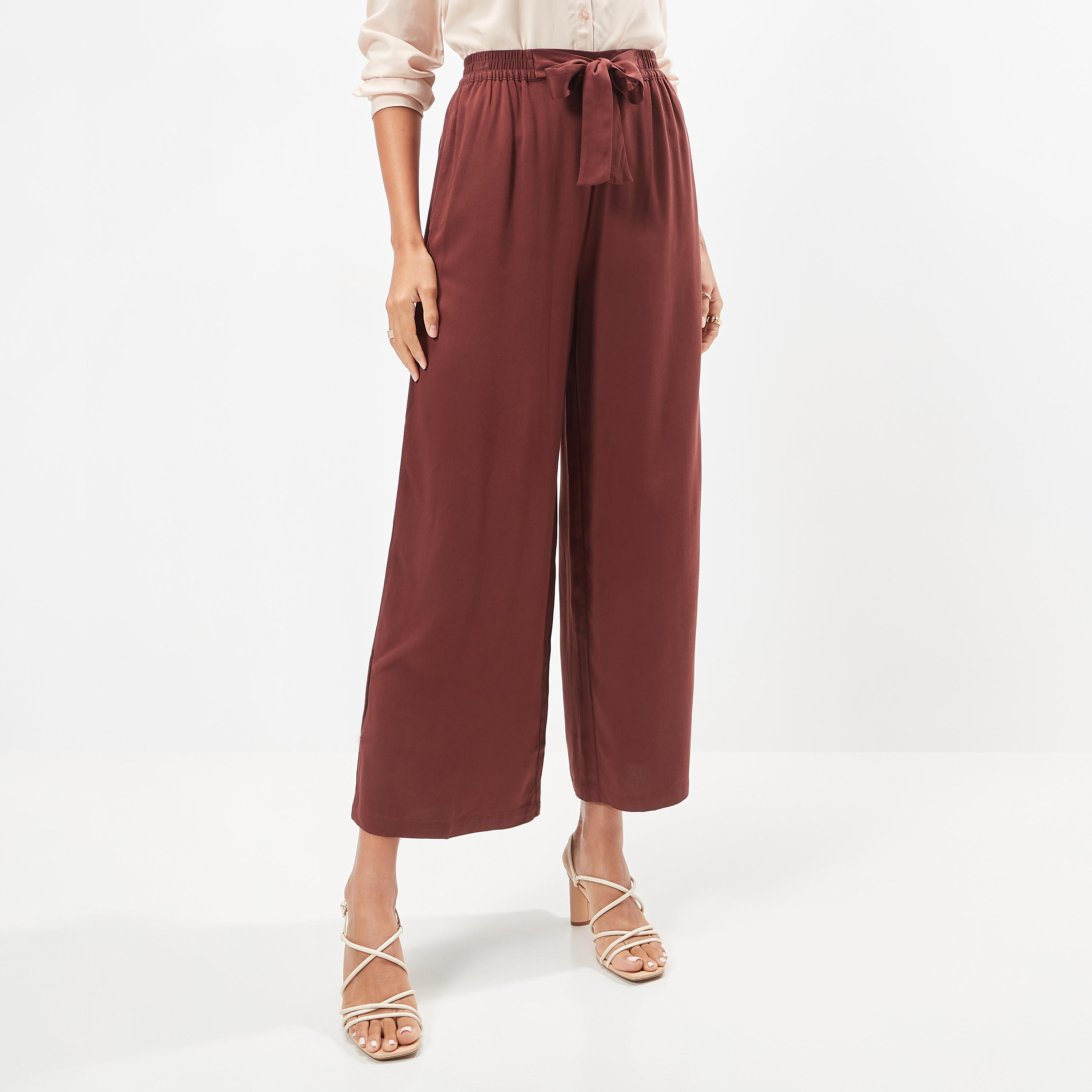 Wide Leg Flexi Waist Belted Palazzo Pants with Pockets-women-clothing-bottoms-trousers-image-1