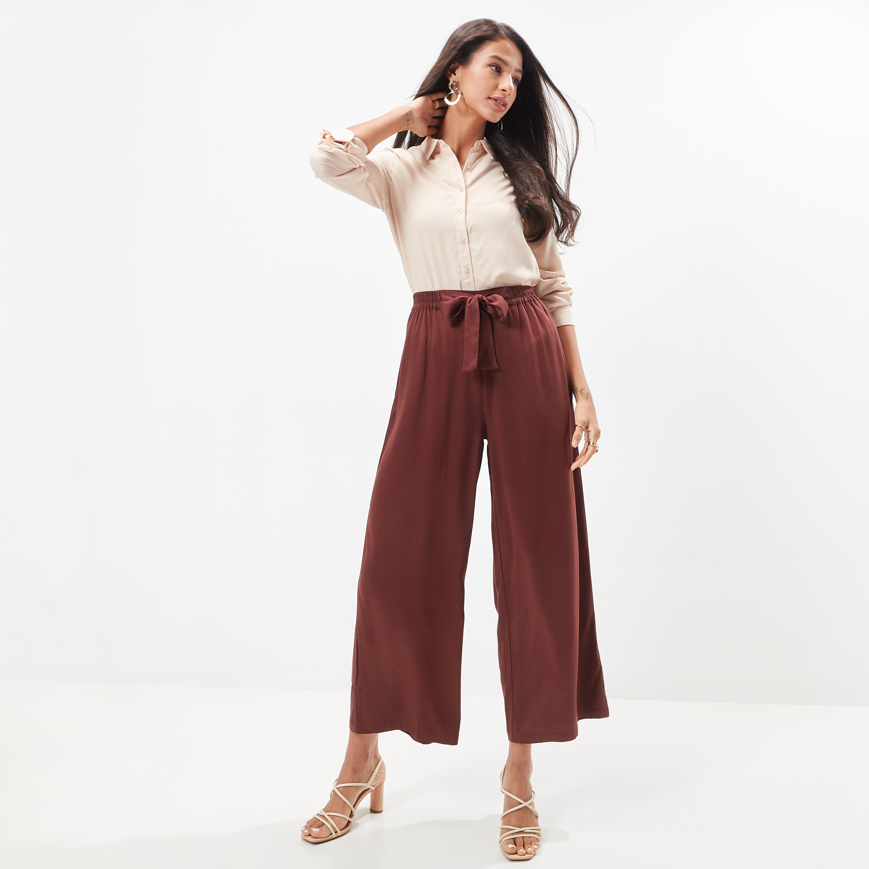 Wide Leg Flexi Waist Belted Palazzo Pants with Pockets-women-clothing-bottoms-trousers-image-2