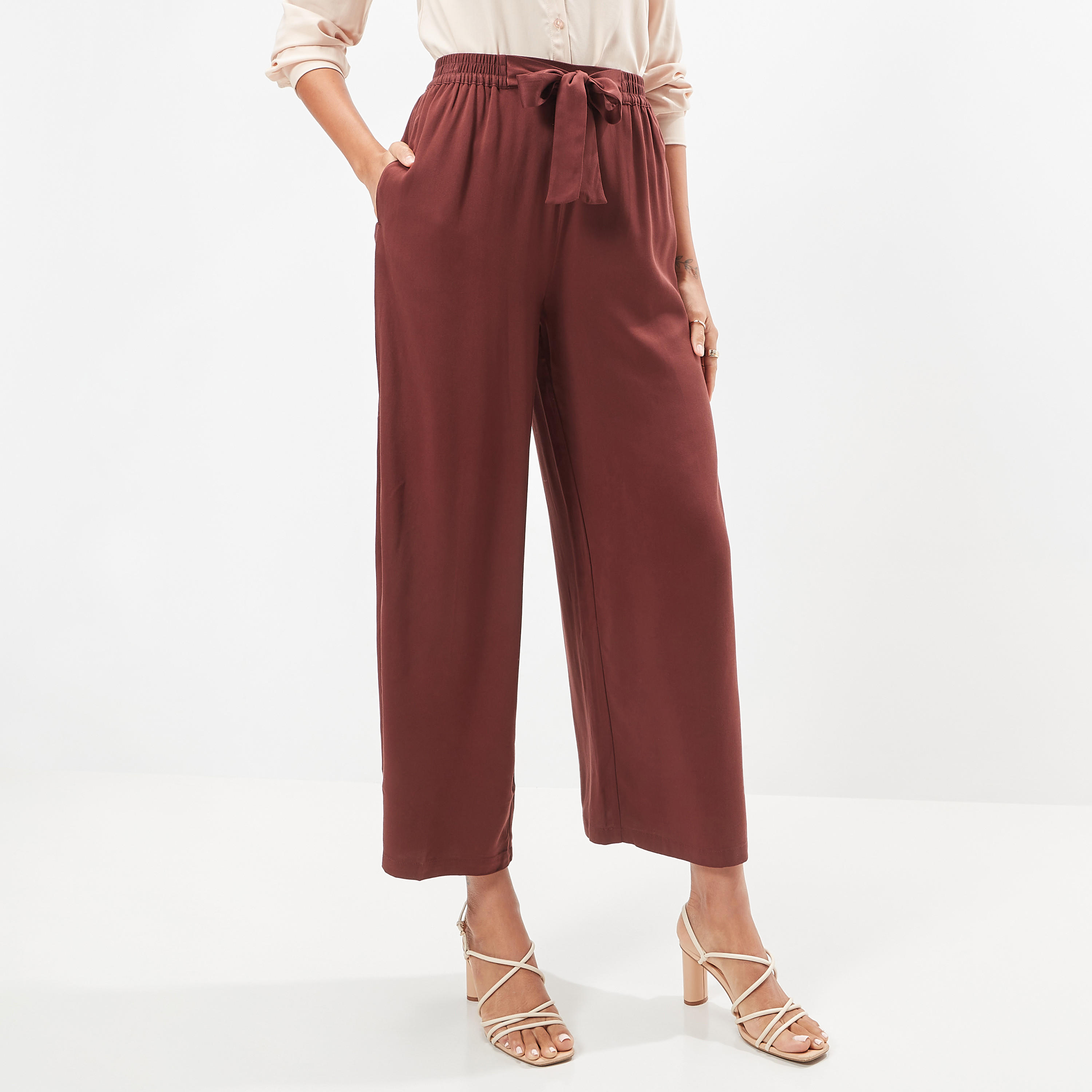 Wide Leg Flexi Waist Belted Palazzo Pants with Pockets-women-clothing-bottoms-trousers-image-5