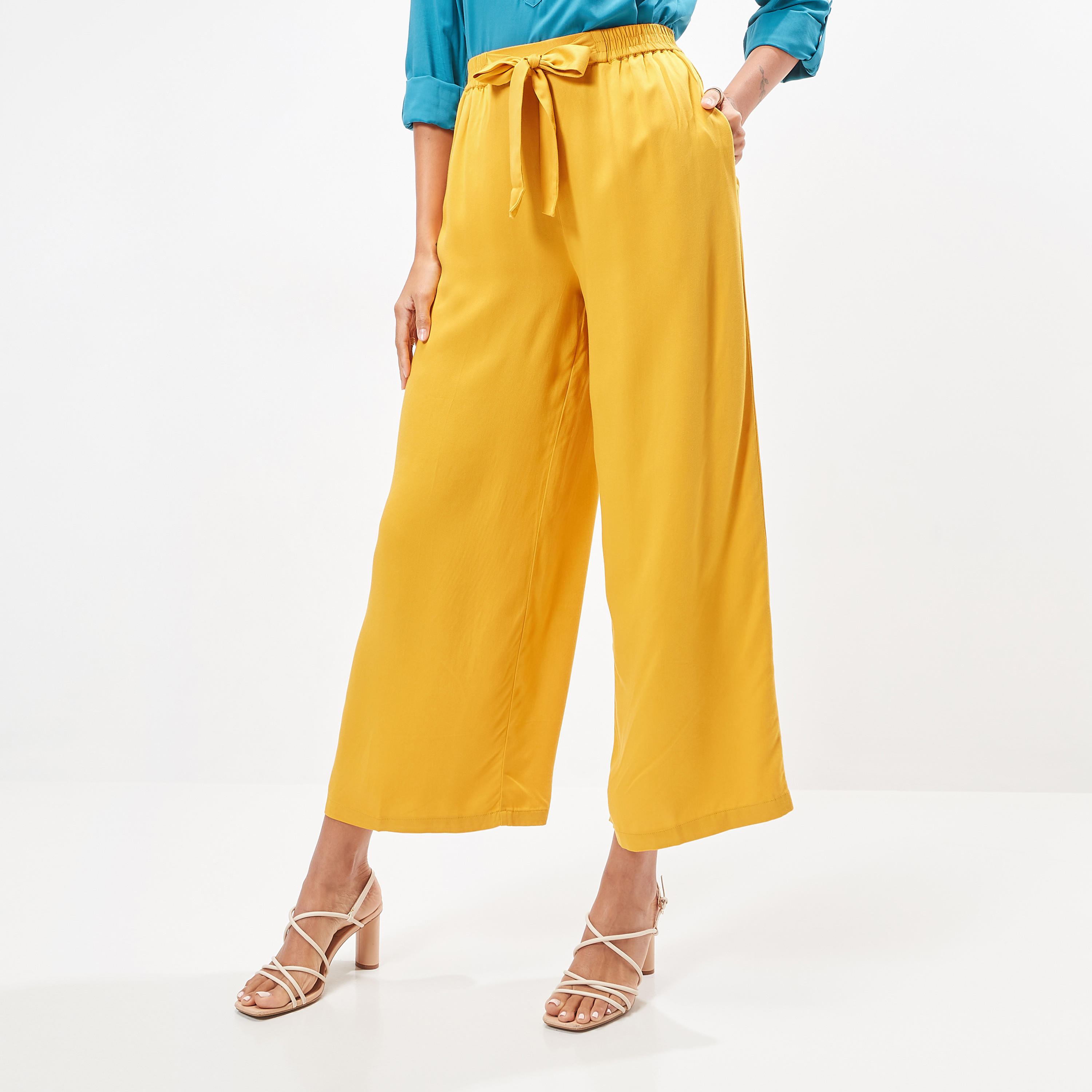 Wide Leg Flexi Waist Belted Palazzo Pants with Pockets-women-clothing-bottoms-trousers-image-1