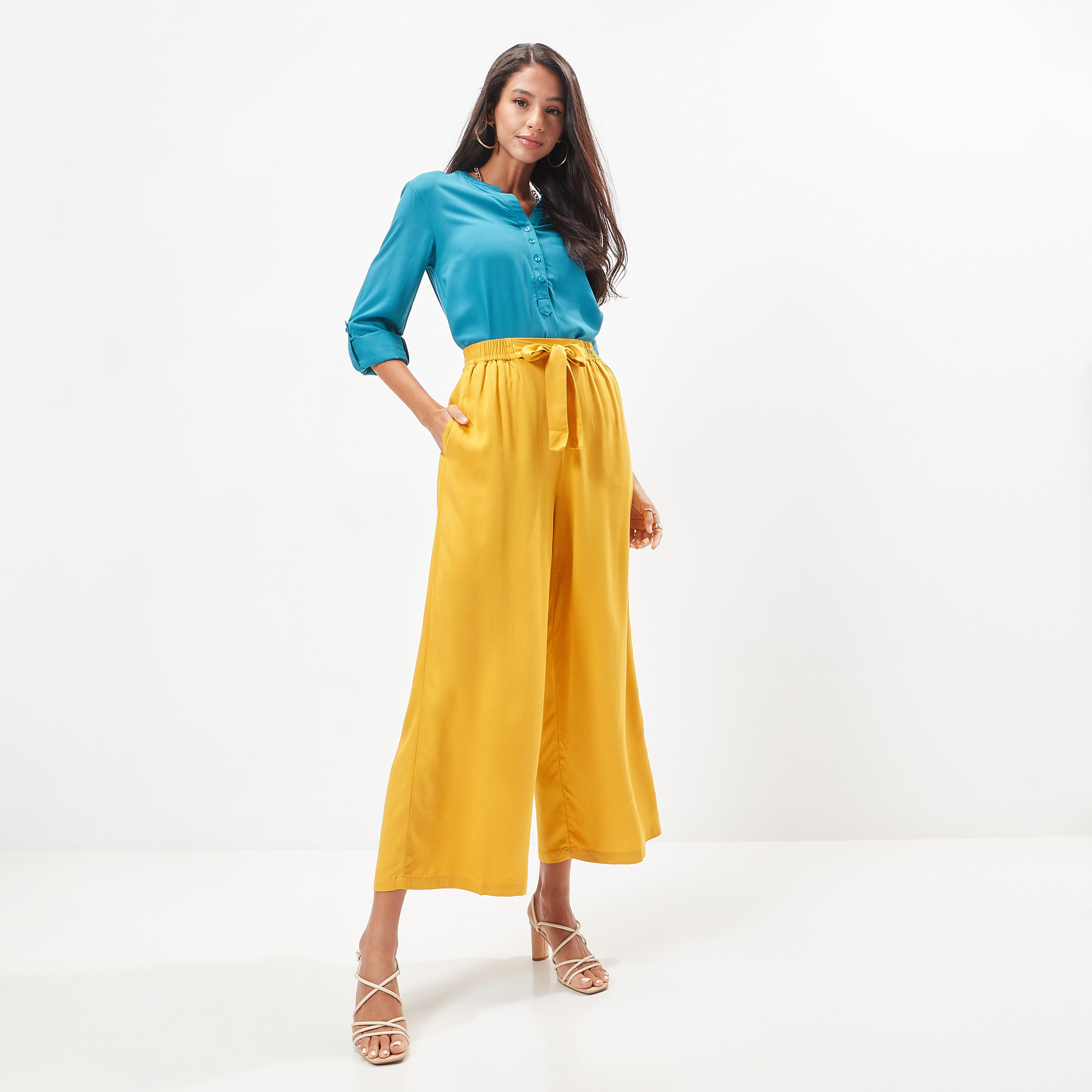 Wide Leg Flexi Waist Belted Palazzo Pants with Pockets-women-clothing-bottoms-trousers-image-2