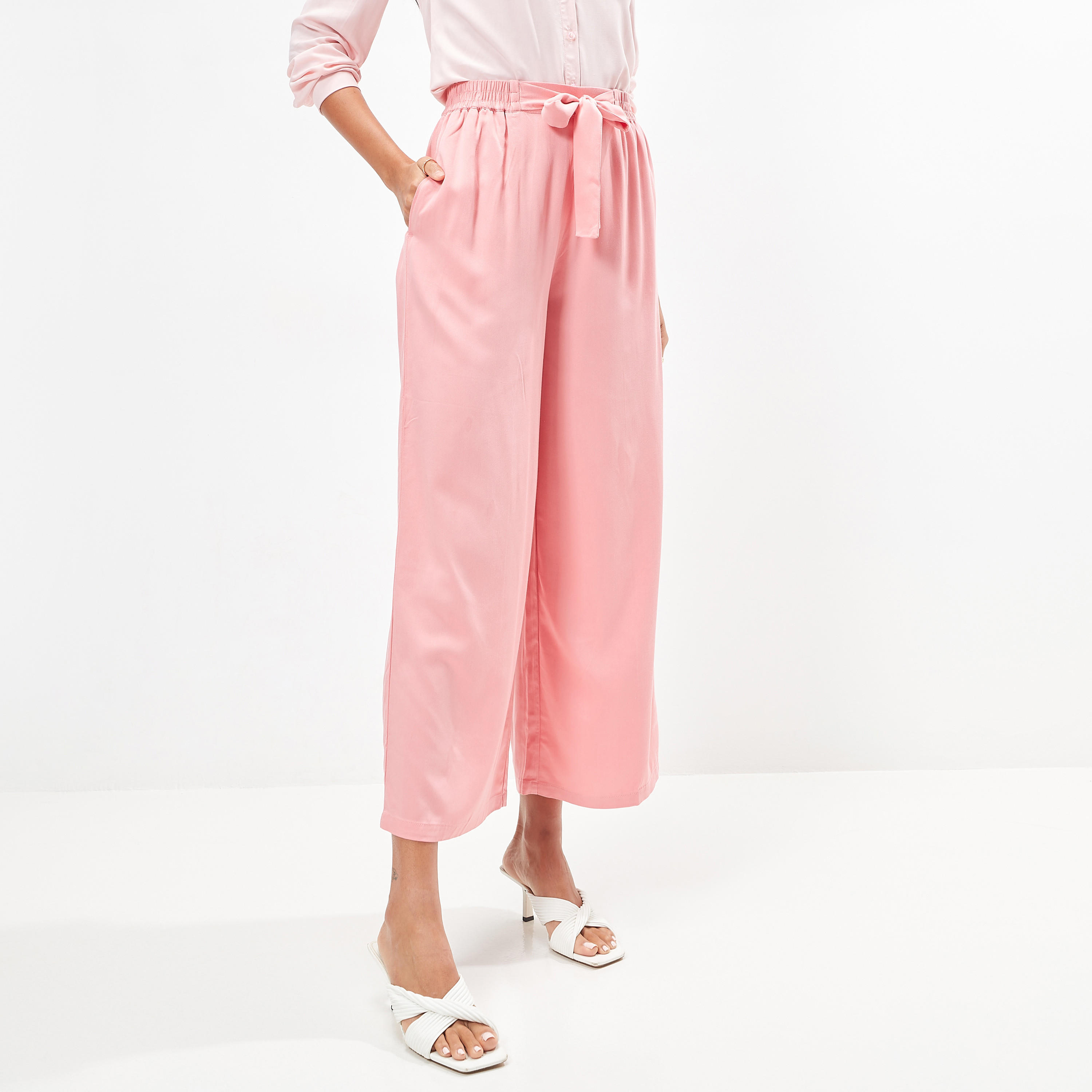 Wide Leg Flexi Waist Belted Palazzo Pants with Pockets-women-clothing-bottoms-trousers-image-1