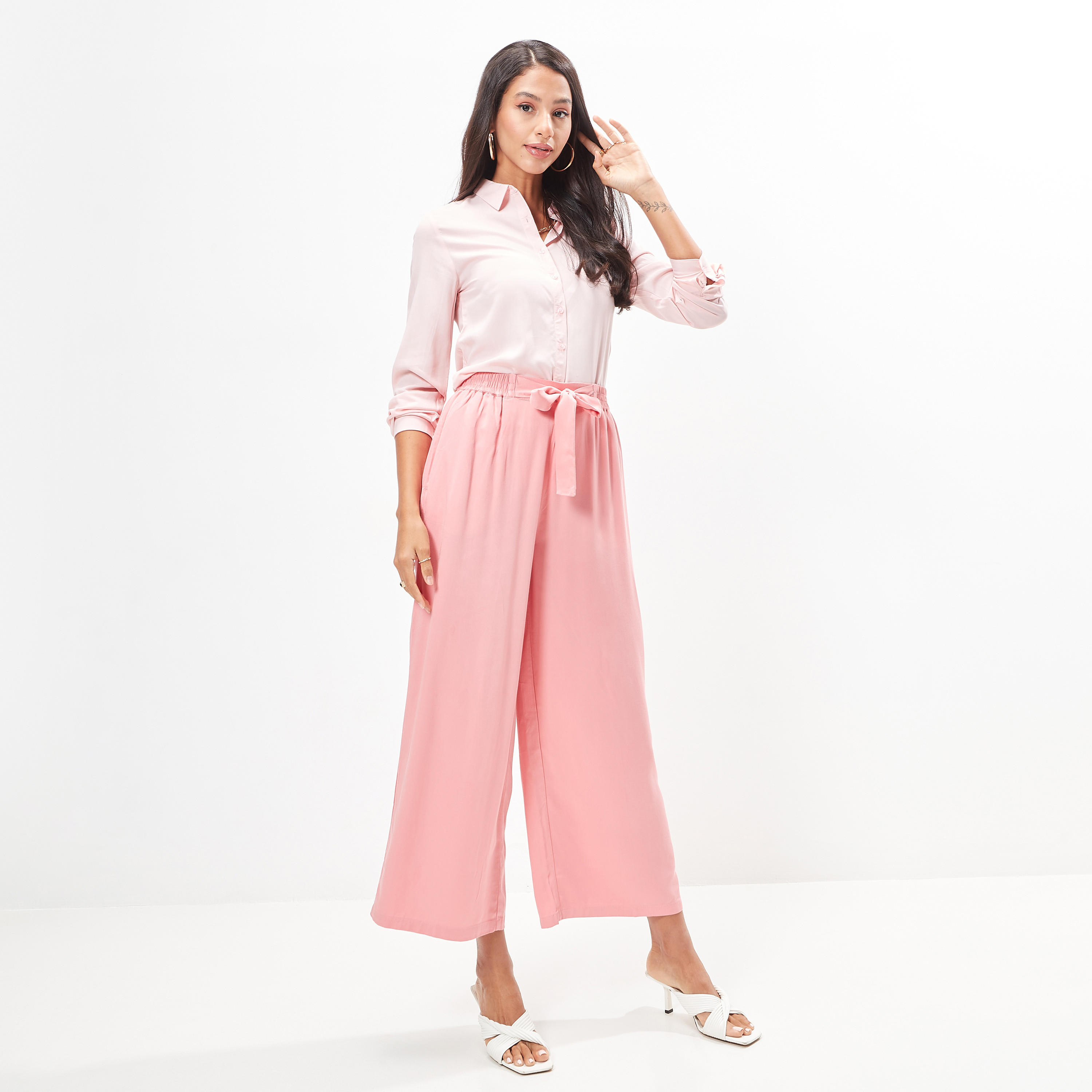 Wide Leg Flexi Waist Belted Palazzo Pants with Pockets-women-clothing-bottoms-trousers-image-2