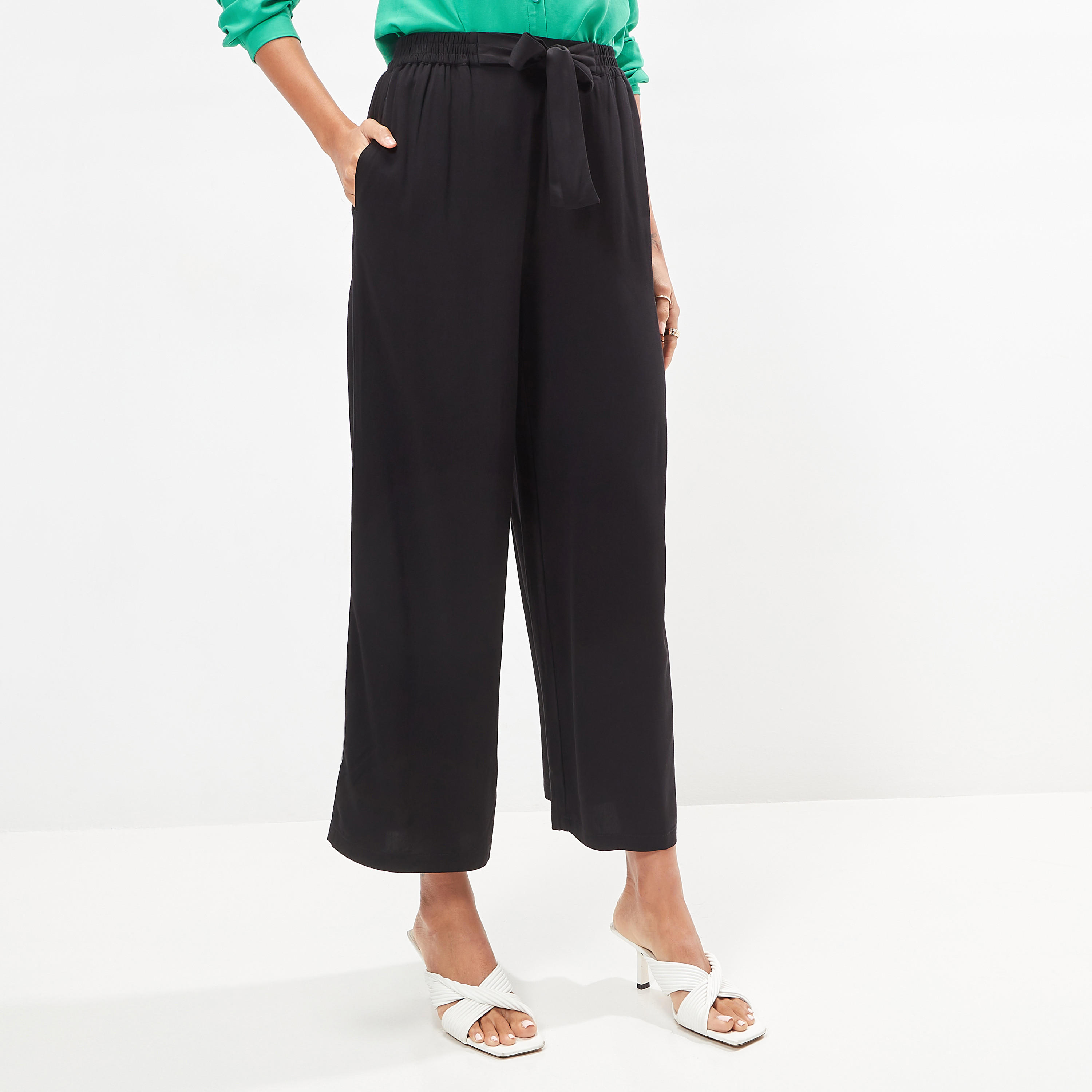 Wide Leg Flexi Waist Belted Palazzo Pants with Pockets-women-clothing-bottoms-trousers-image-1