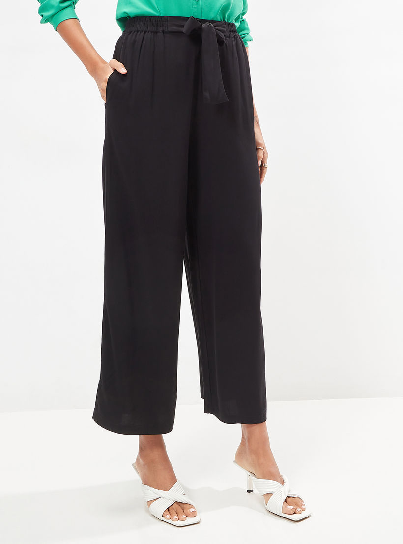 Wide Leg Flexi Waist Belted Palazzo Pants with Pockets-women-clothing-bottoms-trousers-image-1