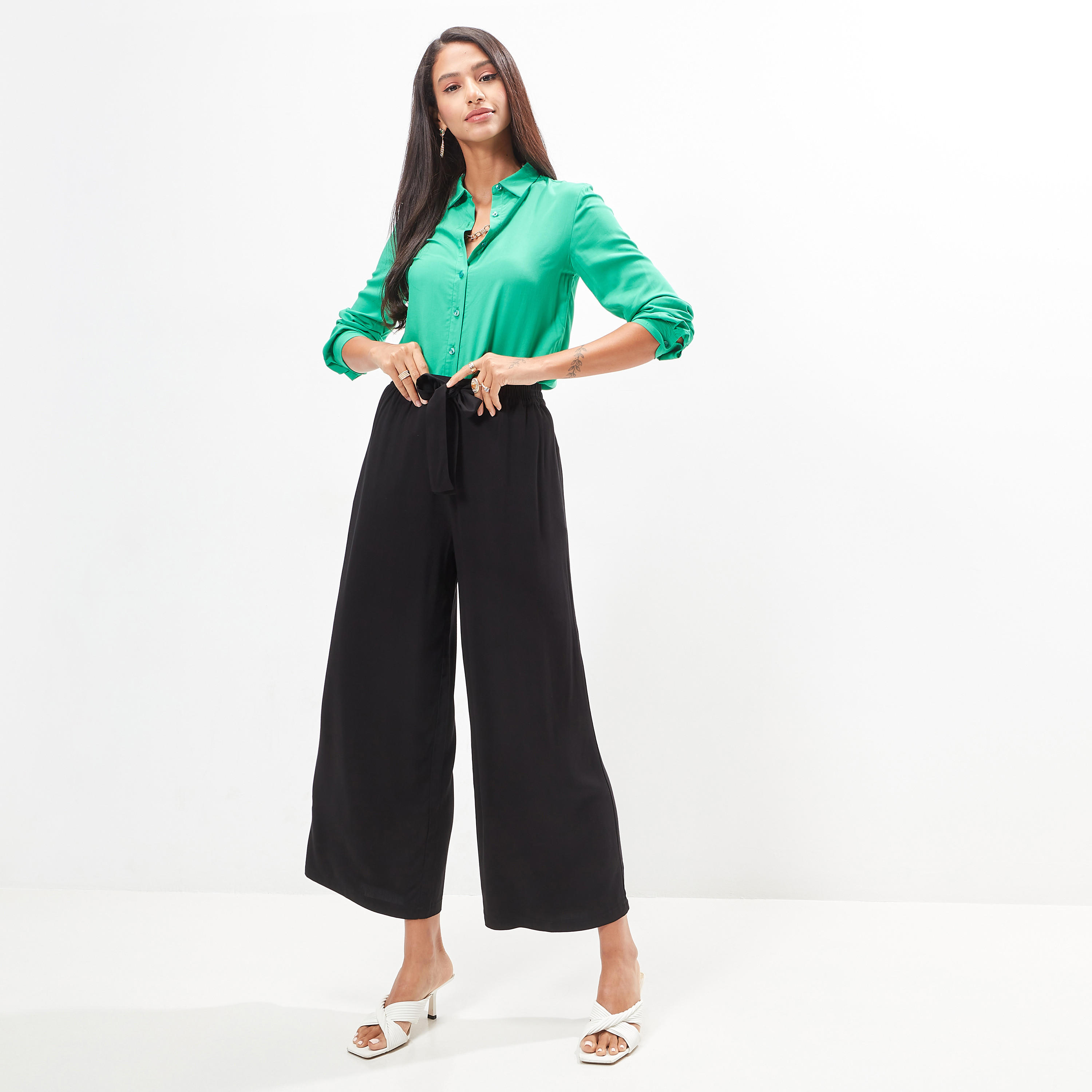 Wide Leg Flexi Waist Belted Palazzo Pants with Pockets-women-clothing-bottoms-trousers-image-2