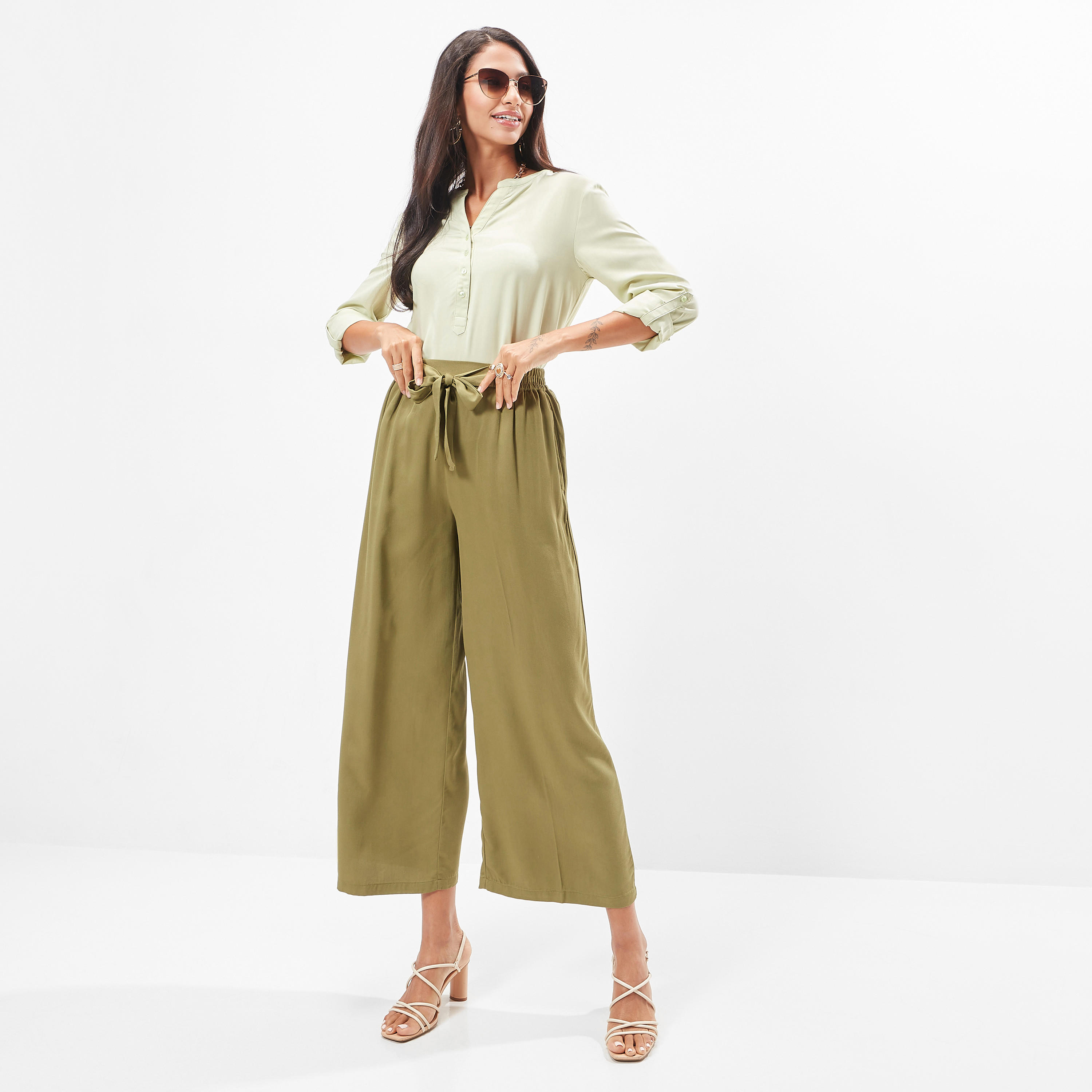 Wide Leg Flexi Waist Belted Palazzo Pants with Pockets-women-clothing-bottoms-trousers-image-1