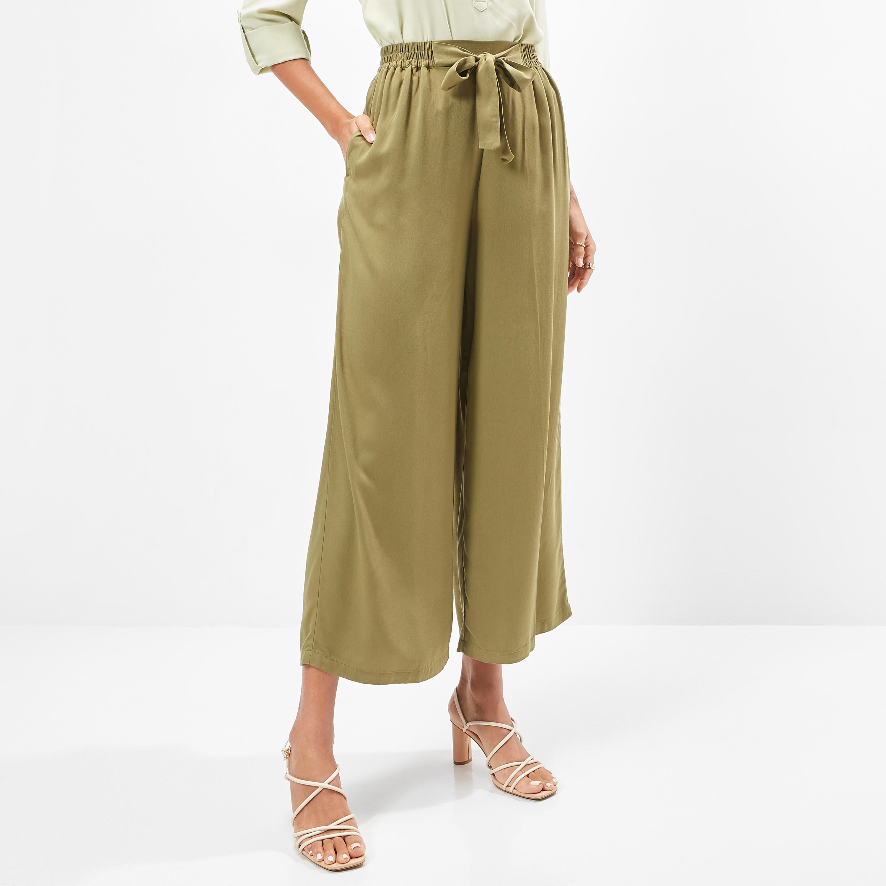 Wide Leg Flexi Waist Belted Palazzo Pants with Pockets-women-clothing-bottoms-trousers-image-2