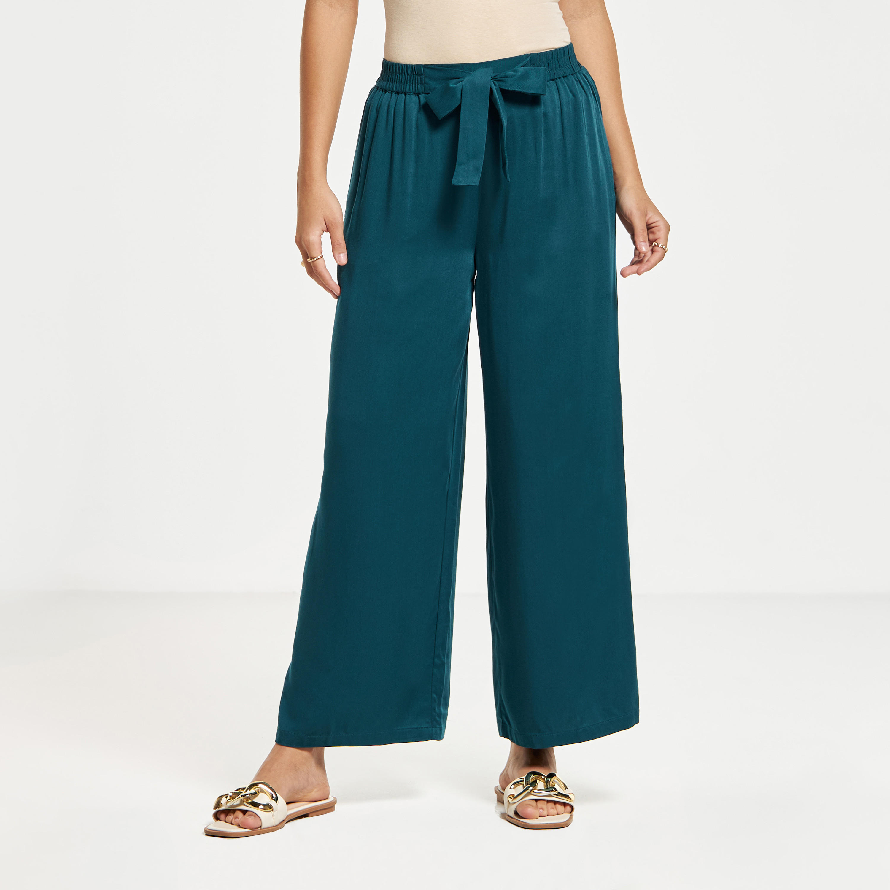 Wide Leg Flexi Waist Belted Palazzo Pants with Pockets-women-clothing-bottoms-trousers-image-1