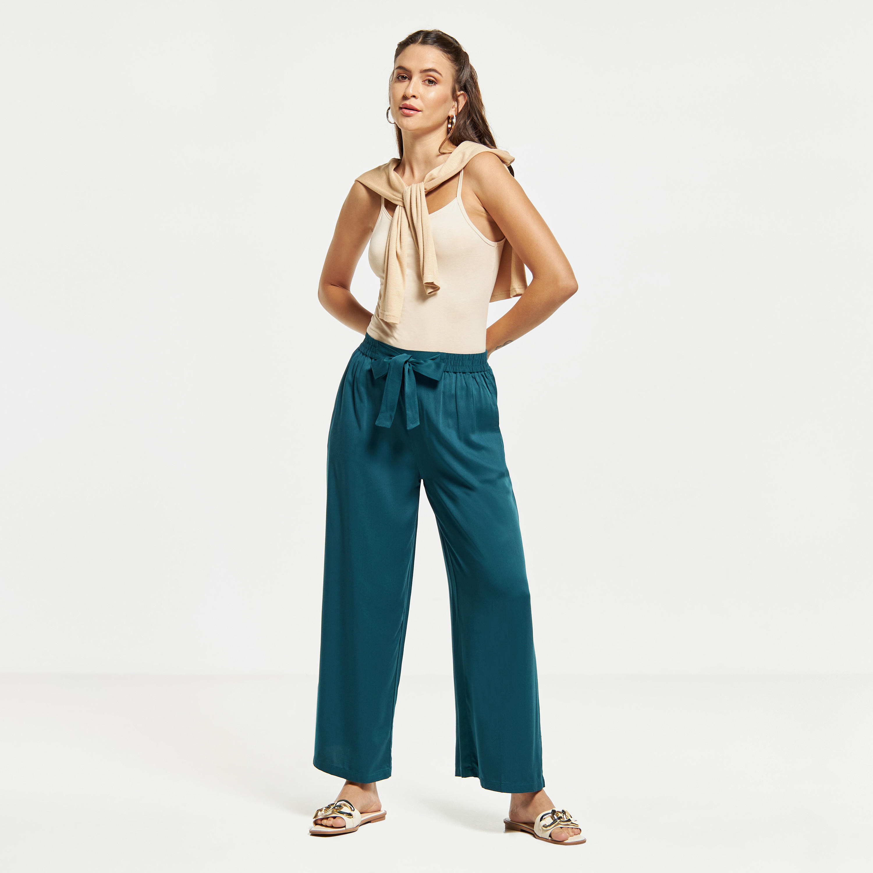 Wide Leg Flexi Waist Belted Palazzo Pants with Pockets-women-clothing-bottoms-trousers-image-2