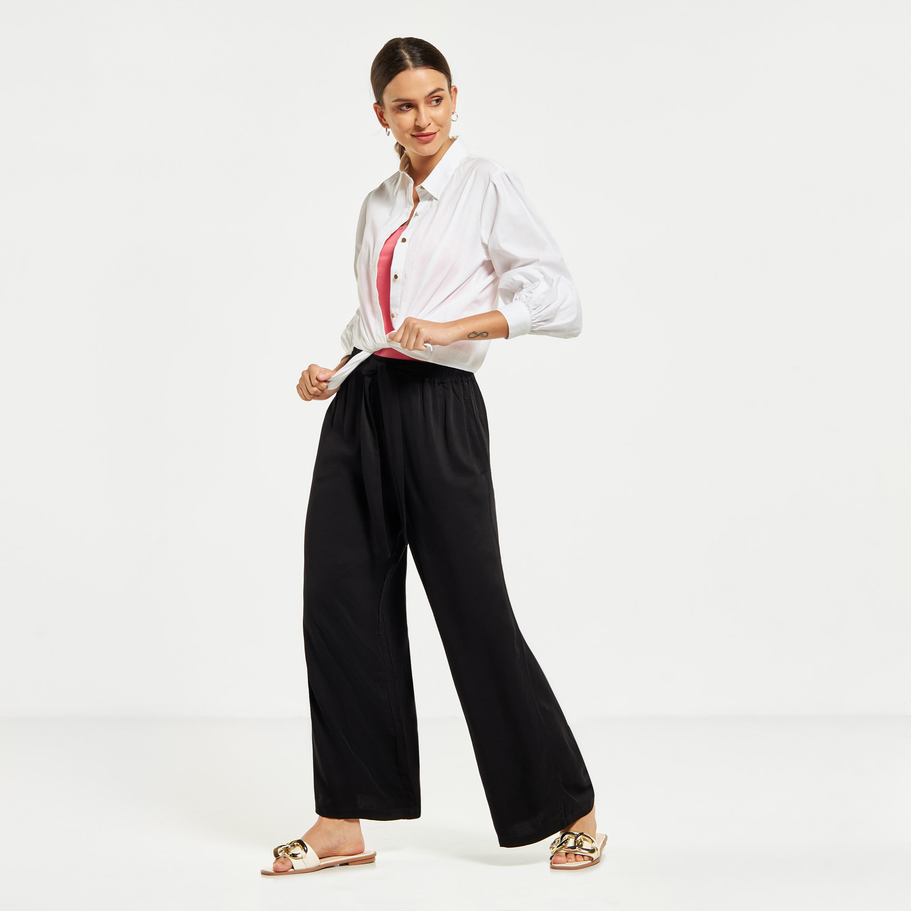 Wide Leg Flexi Waist Belted Palazzo Pants with Pockets-women-clothing-bottoms-trousers-image-1