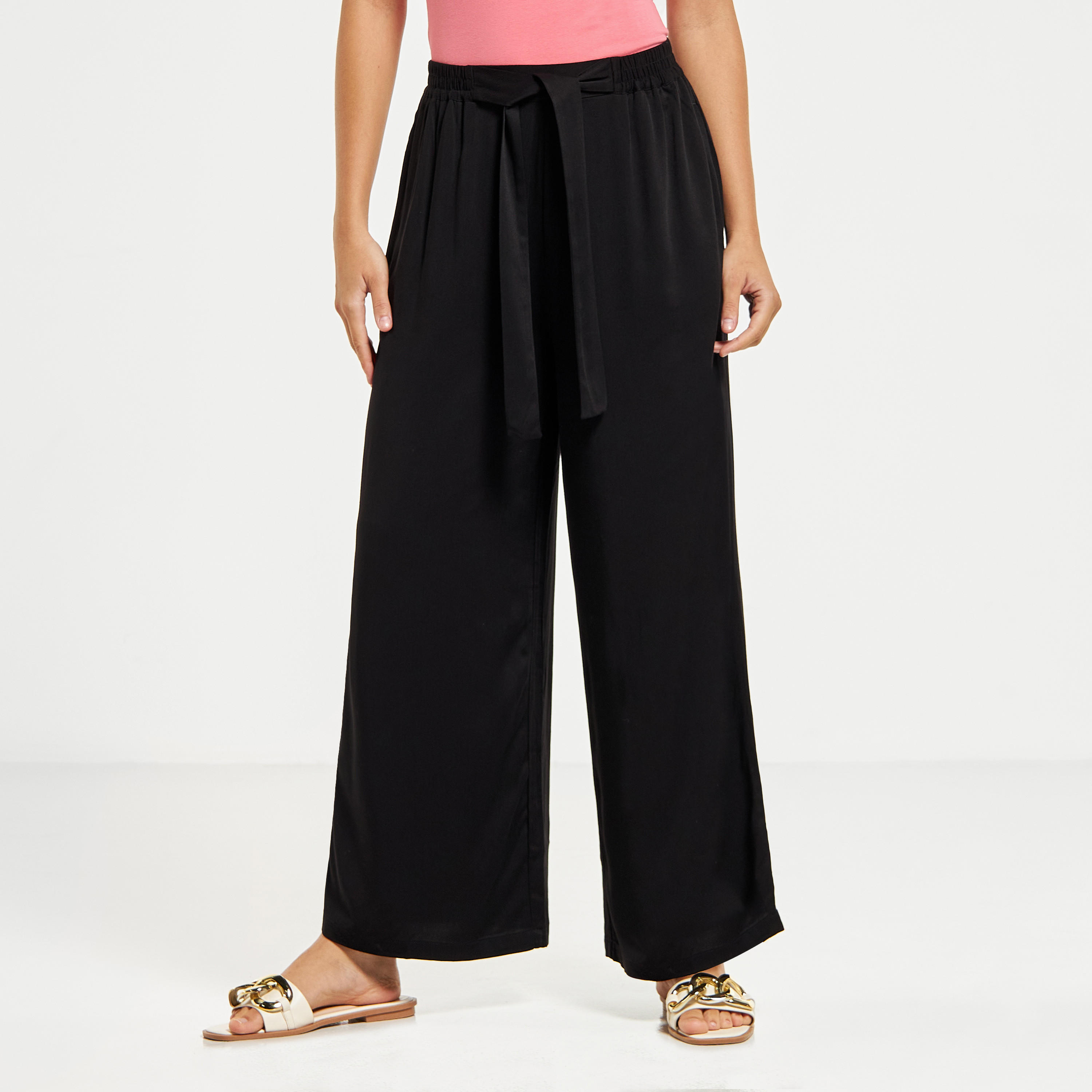 Wide Leg Flexi Waist Belted Palazzo Pants with Pockets-women-clothing-bottoms-trousers-image-2