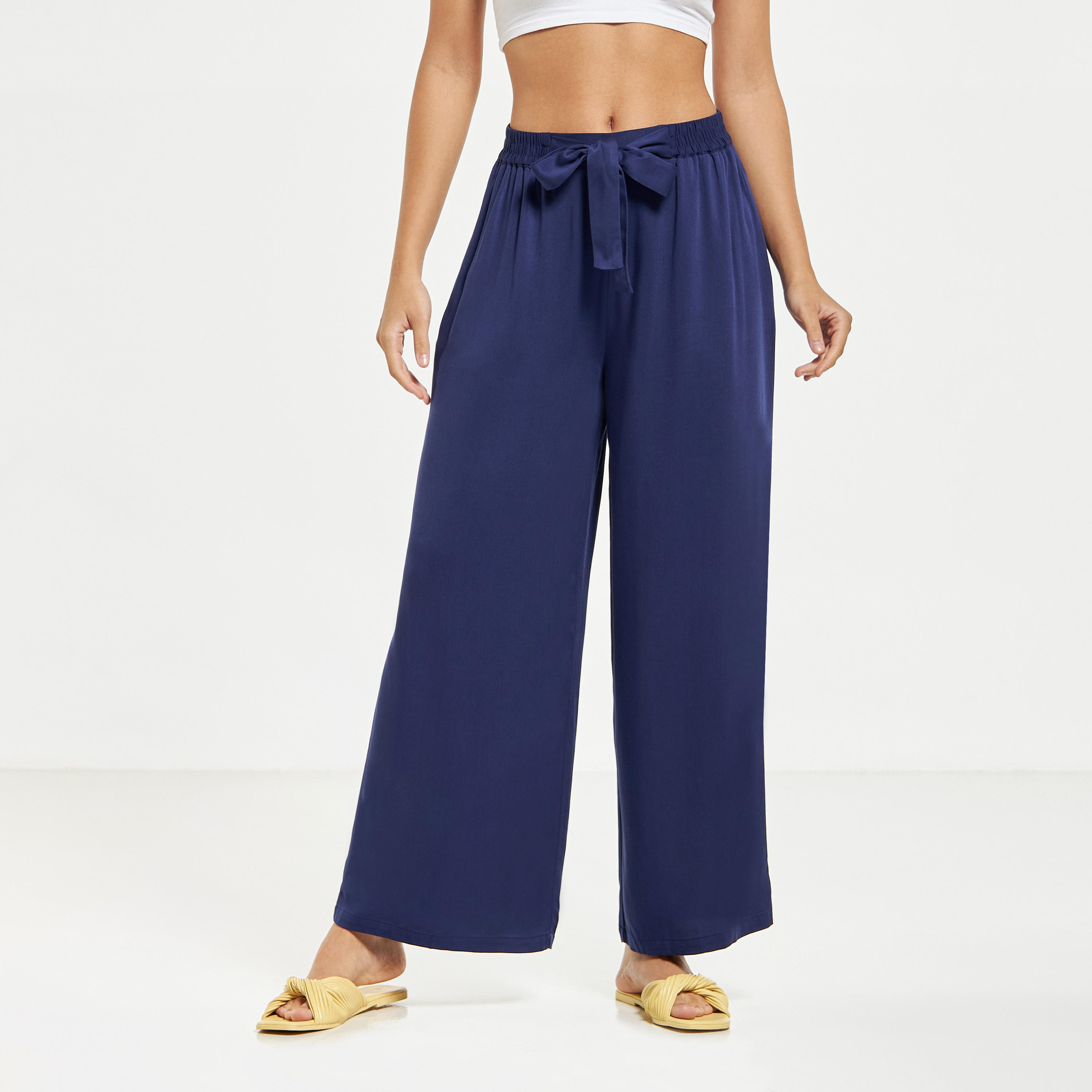 Wide Leg Flexi Waist Belted Palazzo Pants with Pockets-women-clothing-bottoms-trousers-image-1