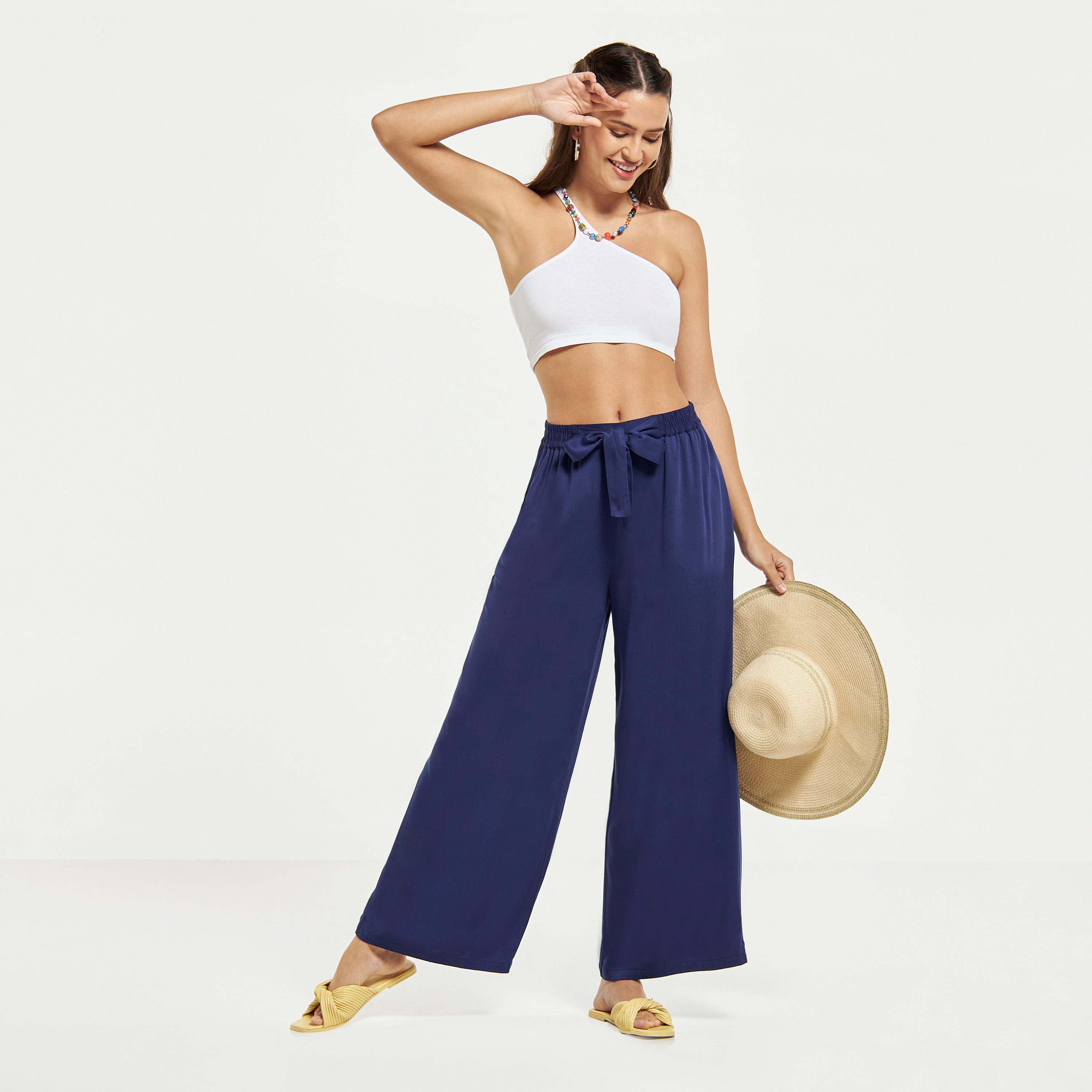 Wide Leg Flexi Waist Belted Palazzo Pants with Pockets-women-clothing-bottoms-trousers-image-2