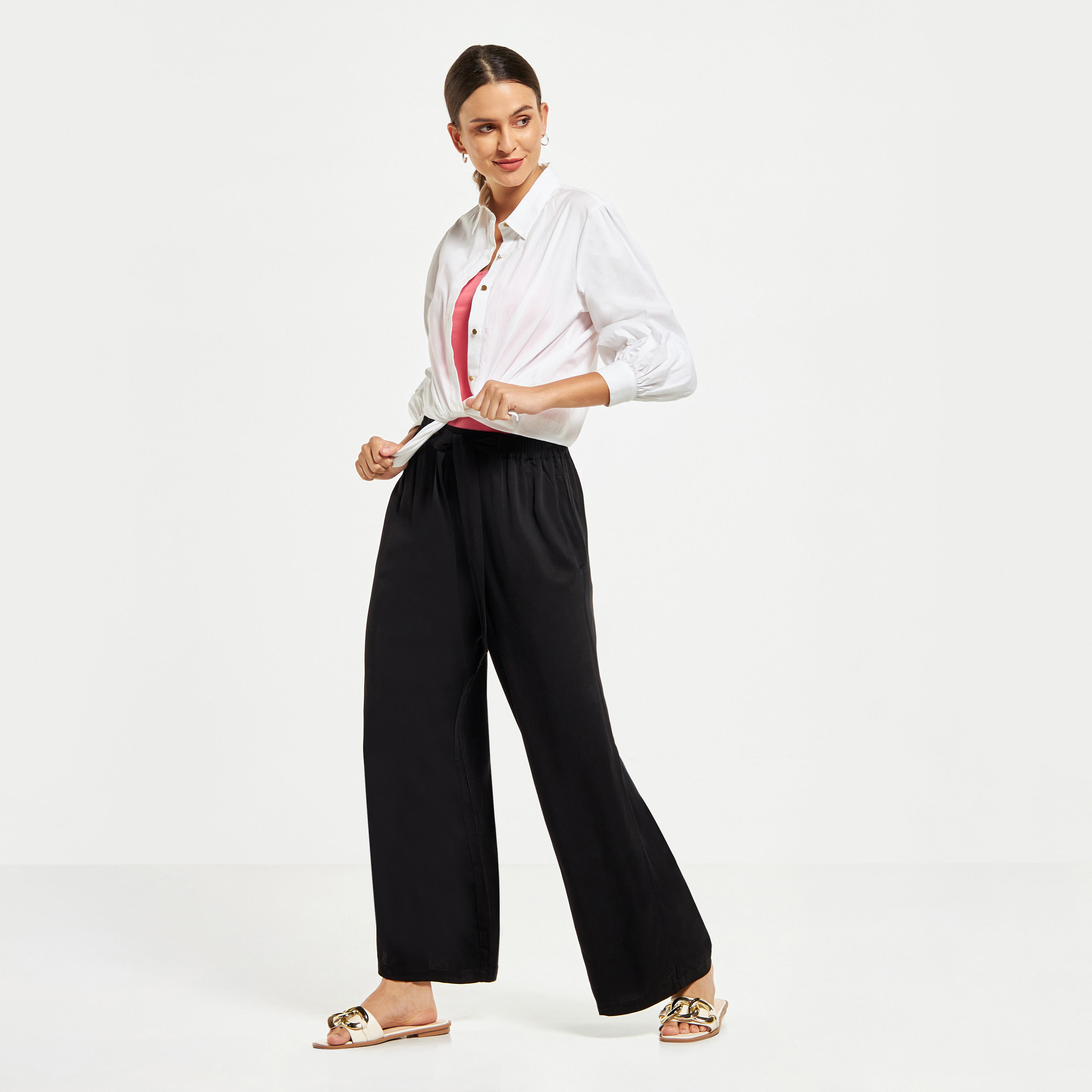 Wide Leg Flexi Waist Belted Palazzo Pants with Pockets-women-clothing-bottoms-trousers-image-1