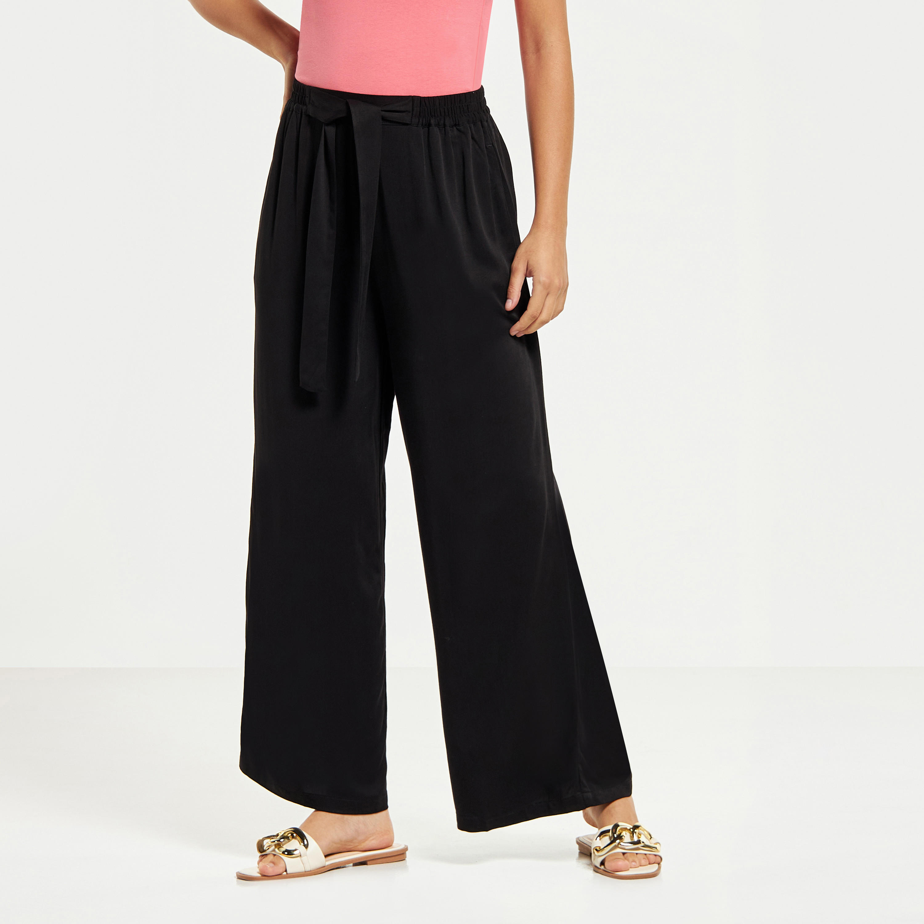 Wide Leg Flexi Waist Belted Palazzo Pants with Pockets-women-clothing-bottoms-trousers-image-2