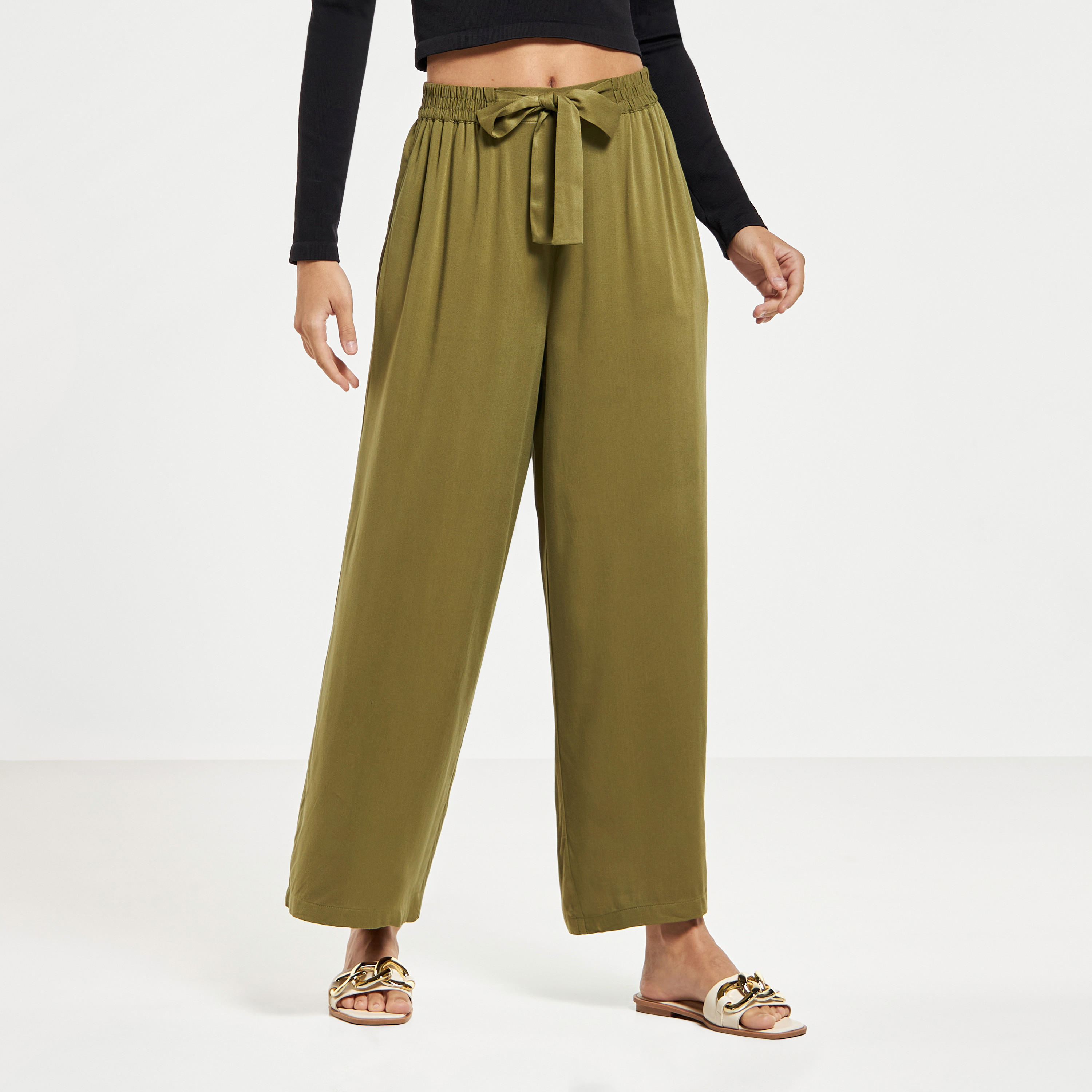 Wide Leg Flexi Waist Belted Palazzo Pants with Pockets-women-clothing-bottoms-trousers-image-1