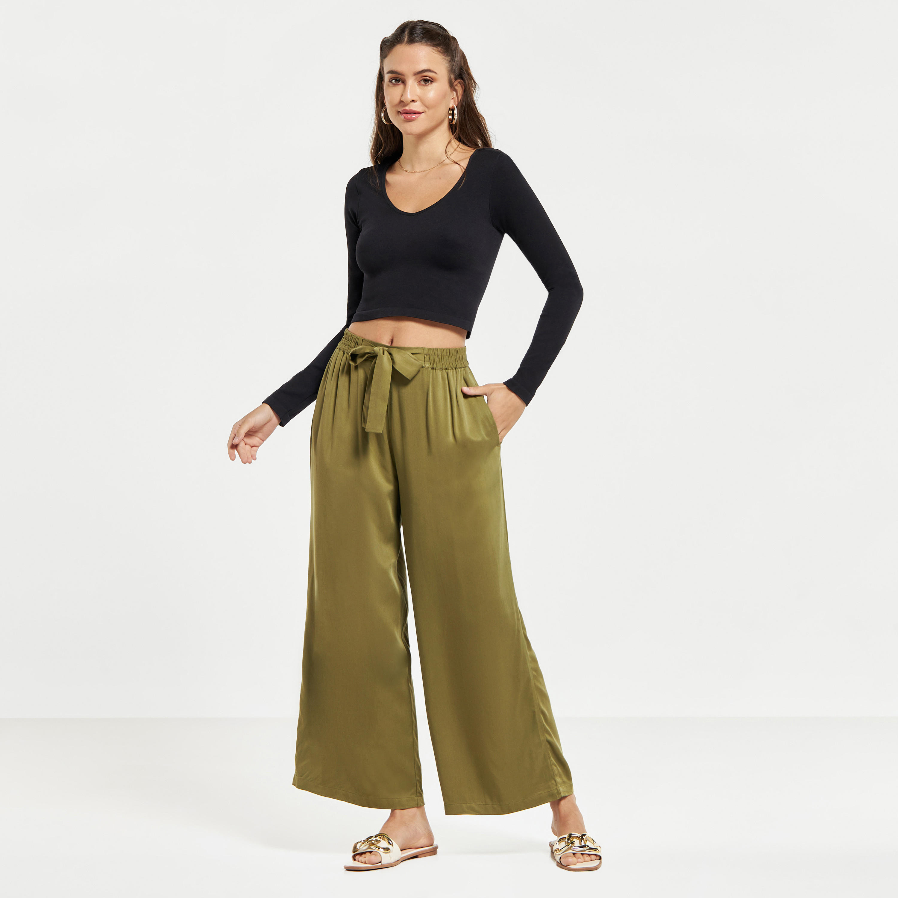 Wide Leg Flexi Waist Belted Palazzo Pants with Pockets-women-clothing-bottoms-trousers-image-2