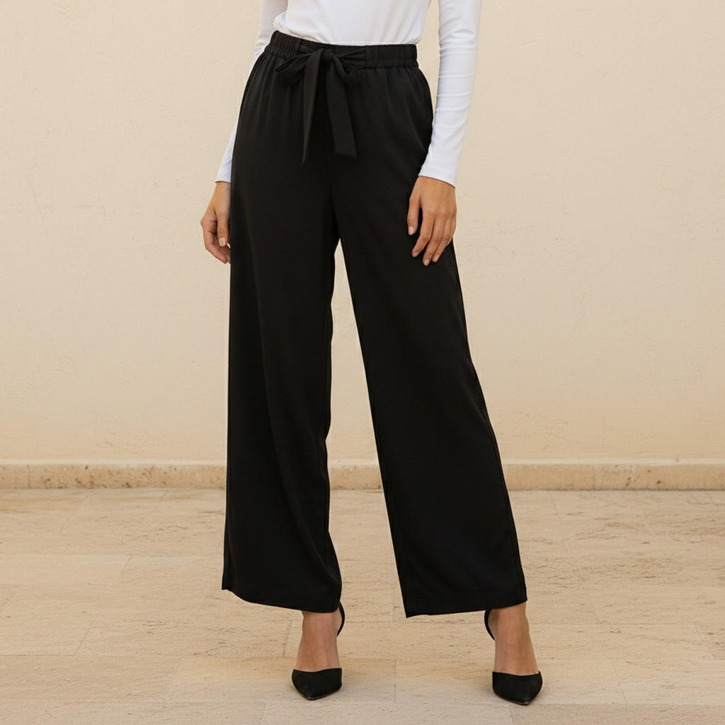 Wide Leg Flexi Waist Belted Palazzo Pants with Pockets-women-clothing-bottoms-trousers-image-1