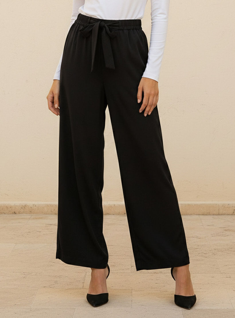 Splash Basics Wide Leg Elasticated Waist Palazzo Pants with Belt-women-clothing-trousers-image-1