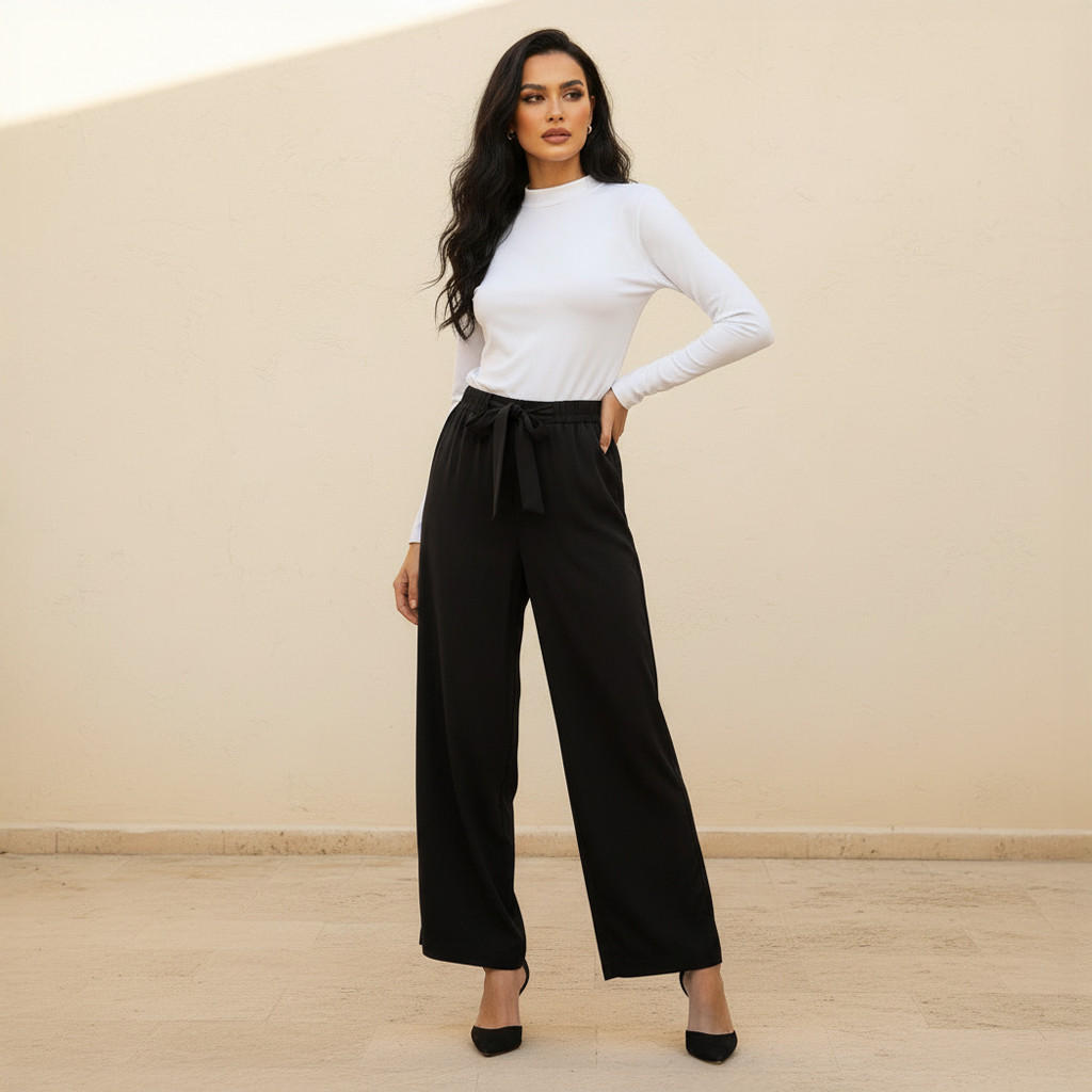 Splash Basics Wide Leg Elasticated Waist Palazzo Pants with Belt-women-clothing-trousers-image-3