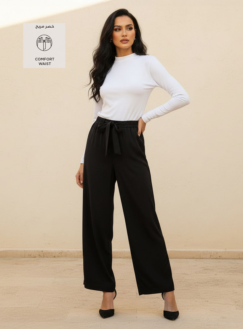 Splash Basics Wide Leg Elasticated Waist Palazzo Pants with Belt-women-clothing-trousers-image-3
