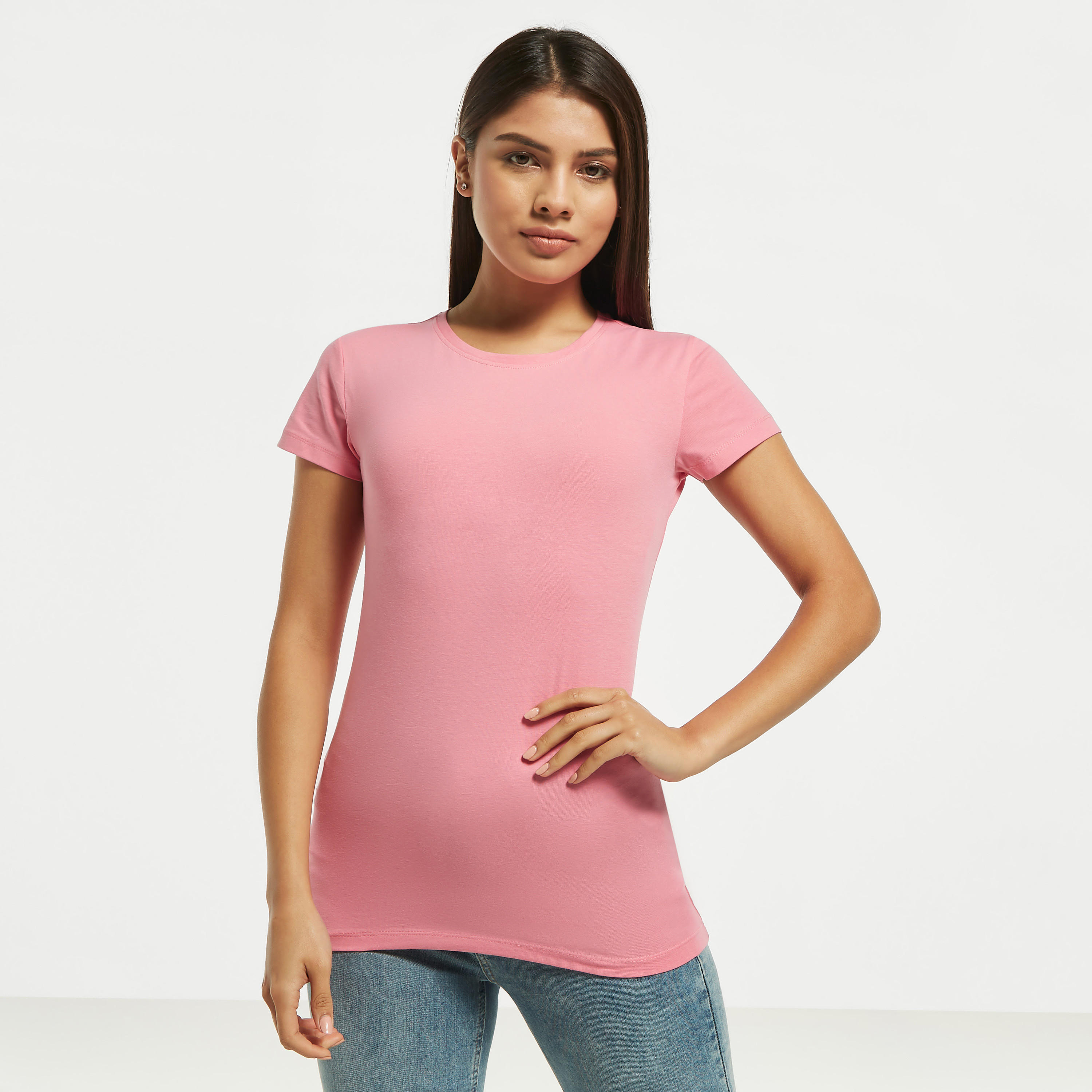 تيشرت سادة بياقة مستديرة وأكمام قصيرة-women-clothing-tshirts-image-1